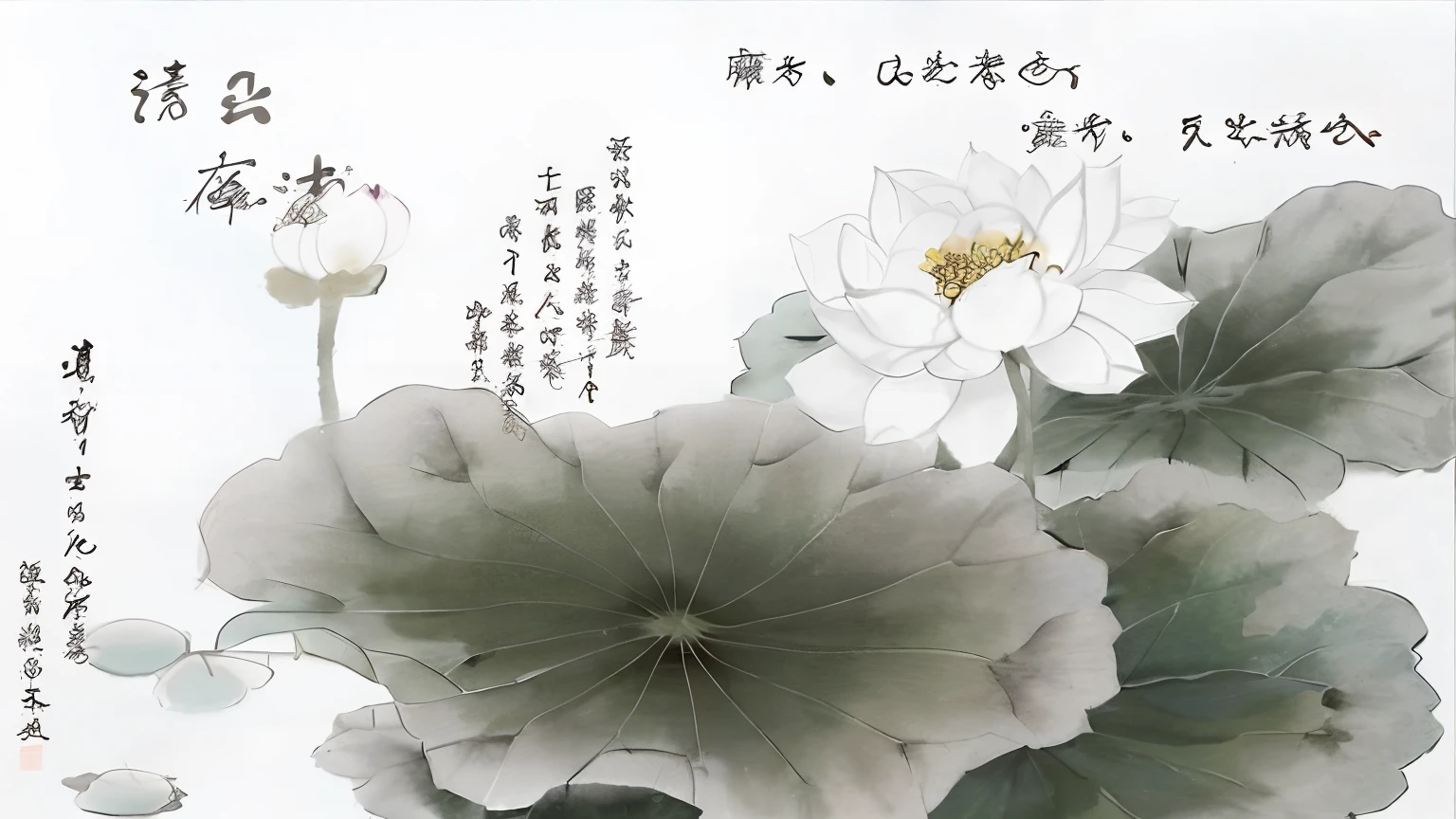 There is a painting of lotus flowers and leaves on a white background, Traditional Chinese painting, Middle metaverse, Chinese painting style, author:Chen Daofu, Traditional Chinese Ink Painting, author:Zhang Shunzi, author:Xu Xi, author:Guo Xi, Traditional Chinese art, style of guo hua, author:Cloud Shouping