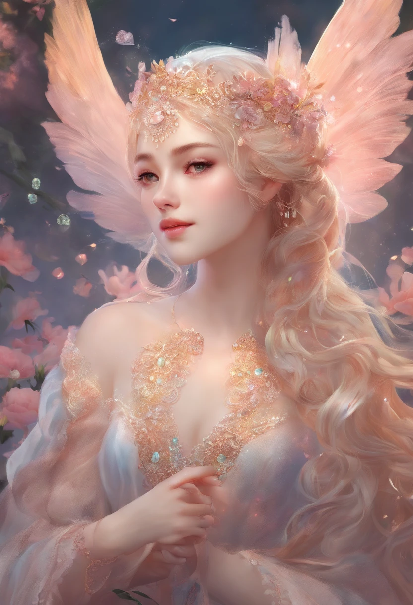 (best qualtiy,tmasterpiece), Beautiful teenage girl, Beautiful goddess, Sexy goddess, Sword Fairy, Royal Sword Flight, Floating in the air, white crane, The right hand, One shoulder, A long flowing dress, silber hair, Clothing hairstyle clothing, Beautiful hair accessories, Detailed scenes, the night, starrysky, cold light, (In pink, white colors, cyan colors), ((From below)), ((full bodyesbian)), ((Realistic))