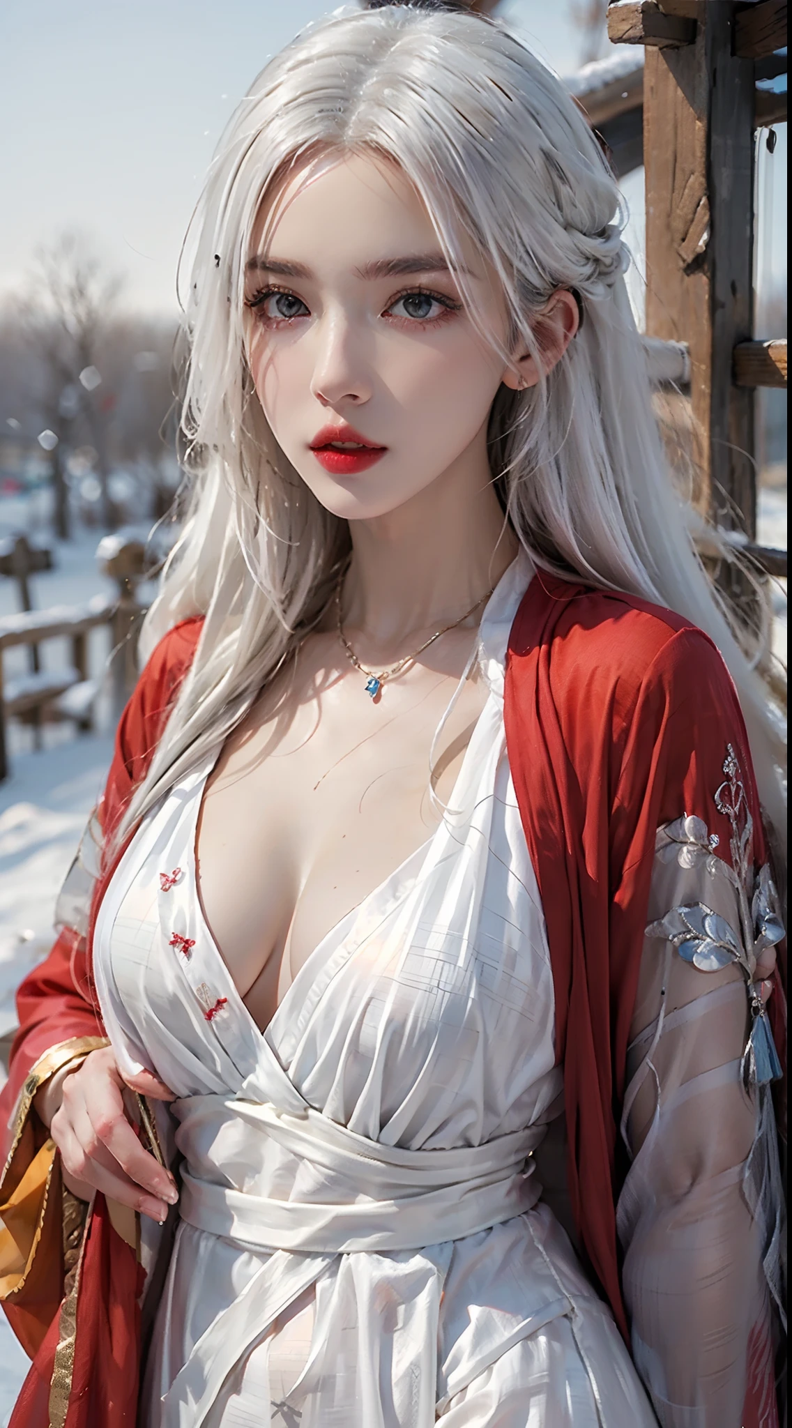 Photorealistic, high resolution, 1 woman, Hips up, Beautiful eyes, White hair, Long hair, ringed eyes, jewelry, snowing, red dress