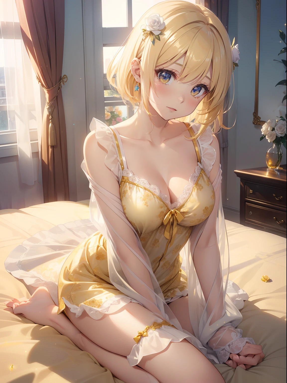 masutepiece, High resolution, 8K, anime woman, Delicate and detailed writing 、Detailed digital illustration、Short hair、perm、Shiny hair、Bangs、a very beautiful woman、Eyes are double, Large, Bust is D cup、High image quality, High quality、Detailed background、(((Wearing cute nightwear in white and gold color)))、((In a girly room、You can see the sky from the window))、The inside of the eye shines like a diamond、Light yellow hair、Gradient pupil、(((2 arms、4 fingers, 1 thumb)))、Detailed female face、Very beautiful and cute woman、、细致背景、masterpiece、Soft Focus , Bright gradient watercolor , Lens Flare , (((Glitter))) , Glow , Dreamy , Yellow Ribbon、Very beautiful yellow rose hair accessories、Yellow and gold costume with white as the main color、((Straight at the angle of the front))、yawning being、Sleepy face、Hands outstretched