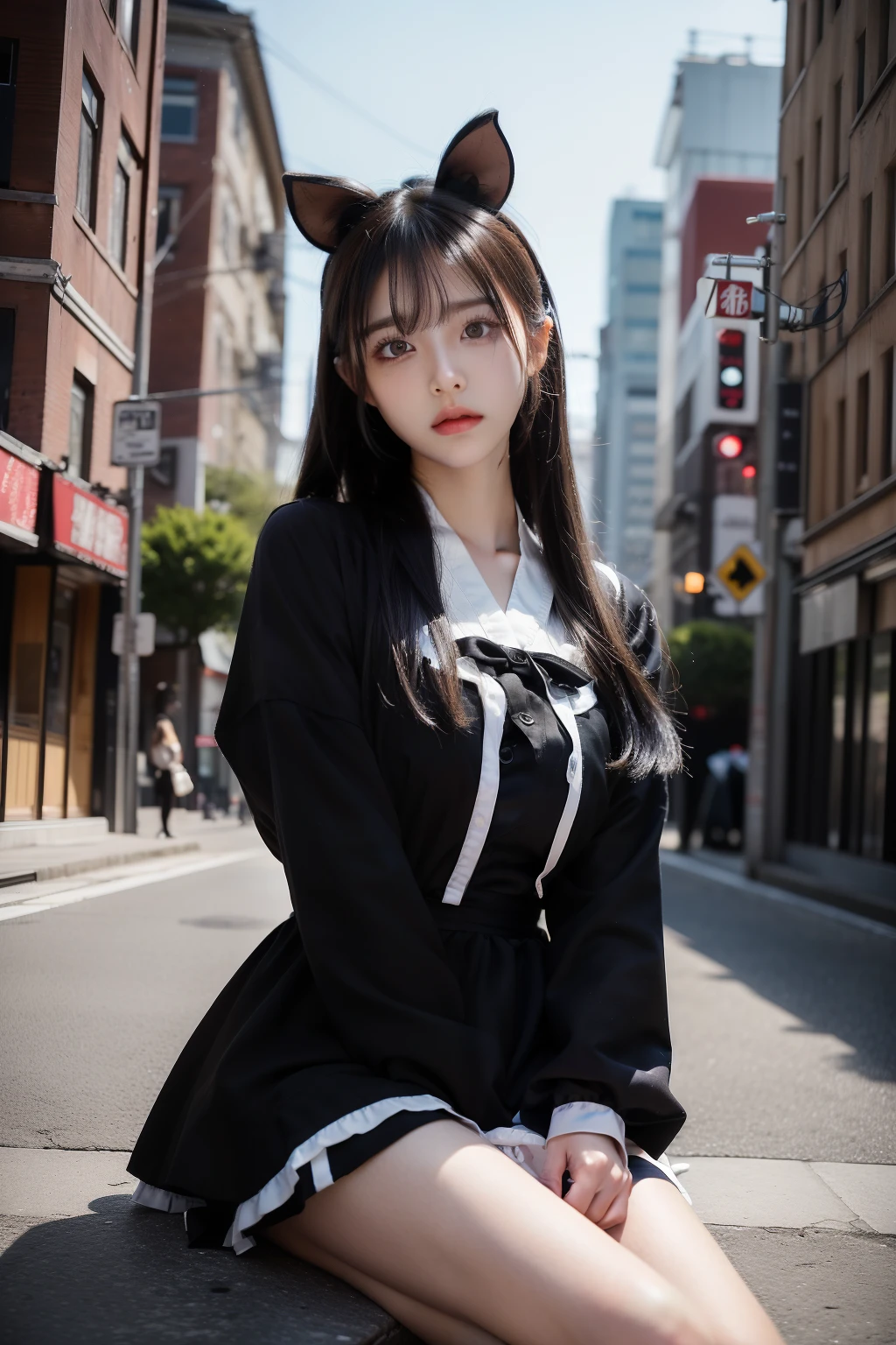 (8K、RAW photography、top-quality、tmasterpiece:1.2)、(hentail realism、Photorealsitic:1.37)、profesional lighting、photon maping、Radio City、physically-based renderingt、The situation is tense、early evening、cinematic photogtaphy、Japanese special effects film、1girl in、（beautiful young Japan woman、Idol actress、young 17 years old）、(Lolita Costume Outfit:1.15)、(Focus on the thighs):1.5)，poneyTail、By bangs、Dark gray hair、Black eyes、rugged face、Saki Asamiya Bad girl、（Stand good-looking）、Double eyelids、Glossy glossy skin、the night，((Explode in the background and burst into flames,Explosive inflammation，Ashes flew in the flames))、Long legs，