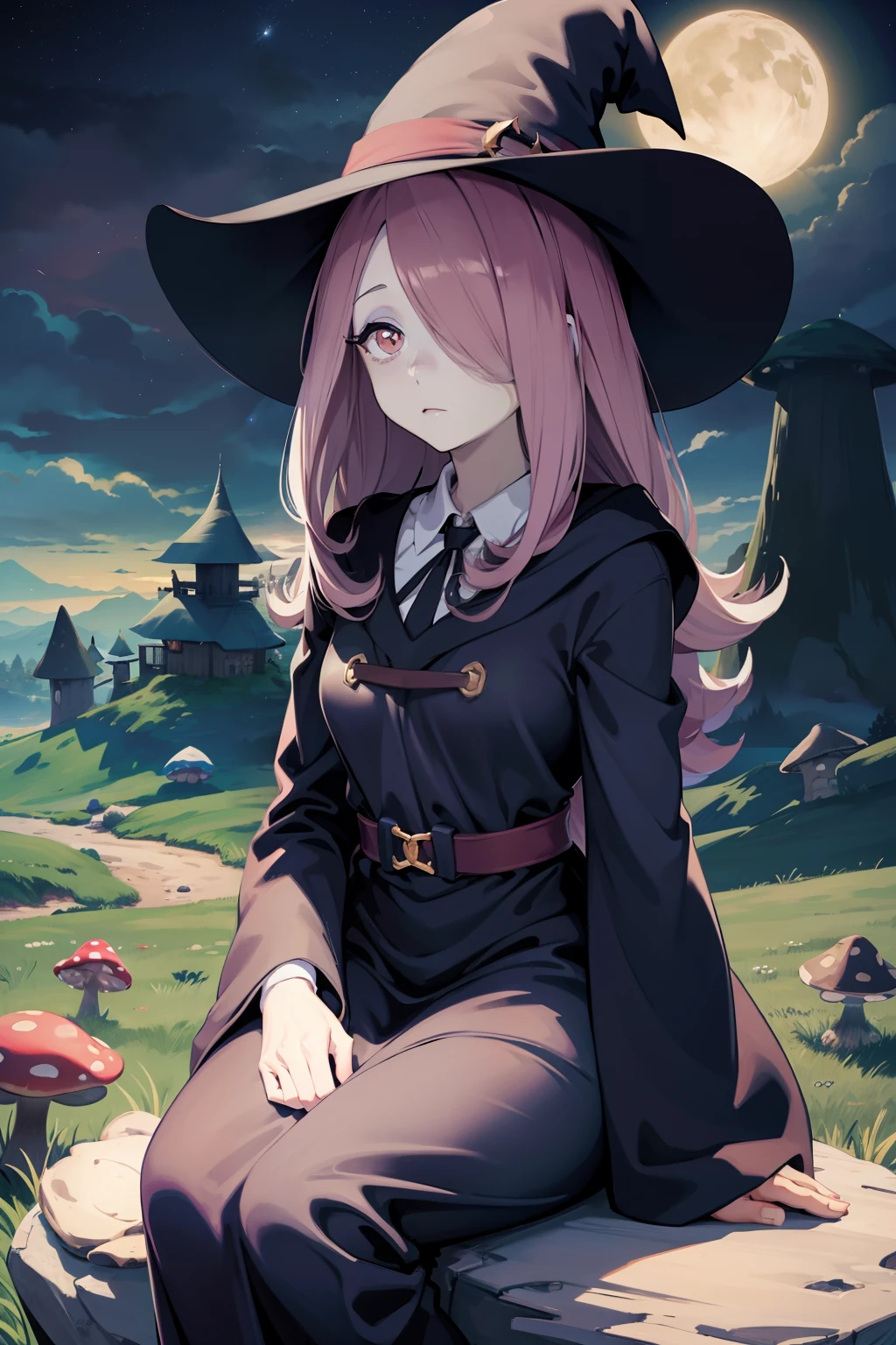 masterpiece,best quality,high quality, best quality, 4k,8k,Sucy Manbavaran, witch hat, dull pink hair, night sky, stars, hair over eye, illustration,anime style, pale skin, droopy eyes, sleepy expression, curvy, sitting on rock, field of mushrooms, hands at side