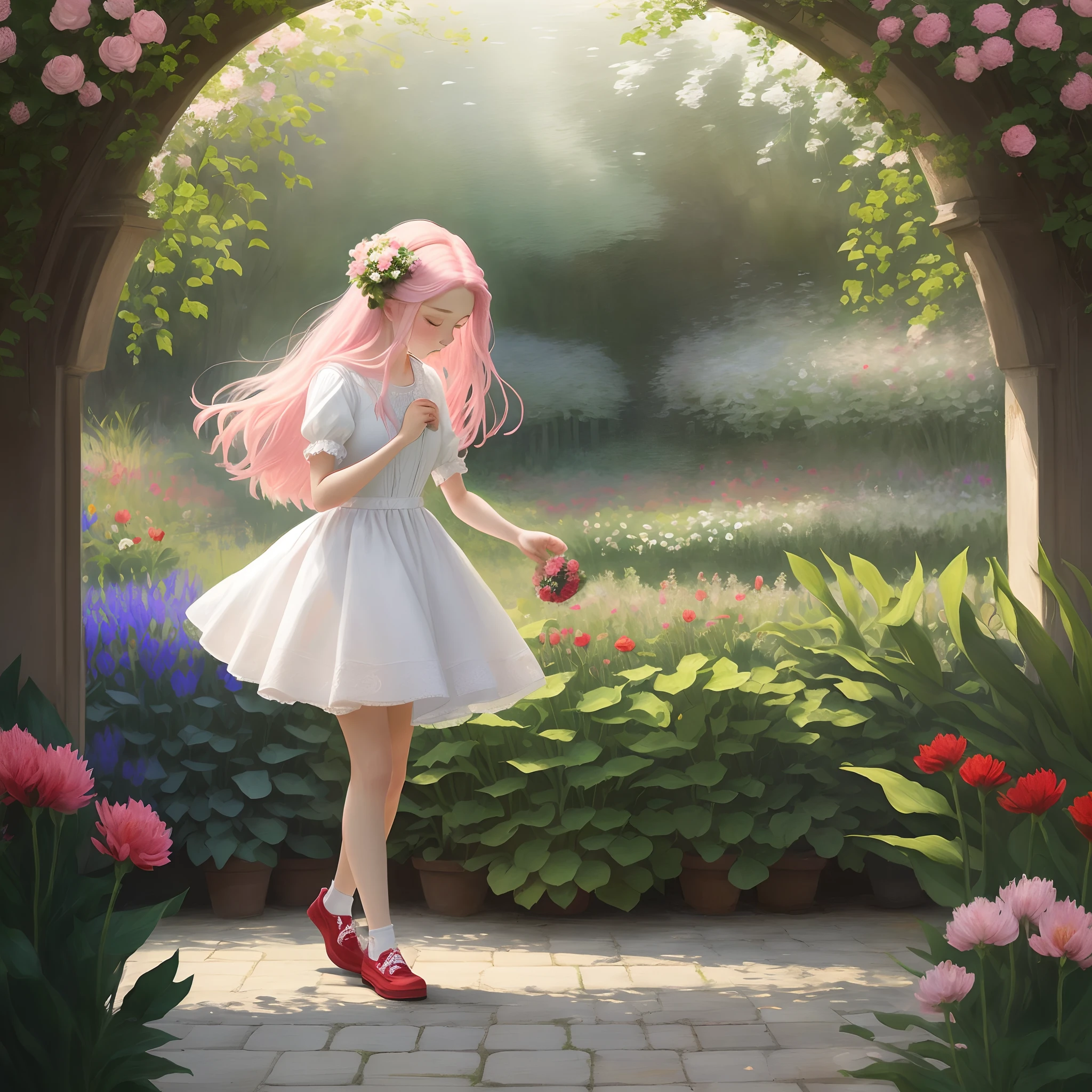 White dress girl with long pink hair，Red shoes，Whole body diagram，Flowers in hand，With his head bowed，Monet wind，The garden is full of plants，rosette