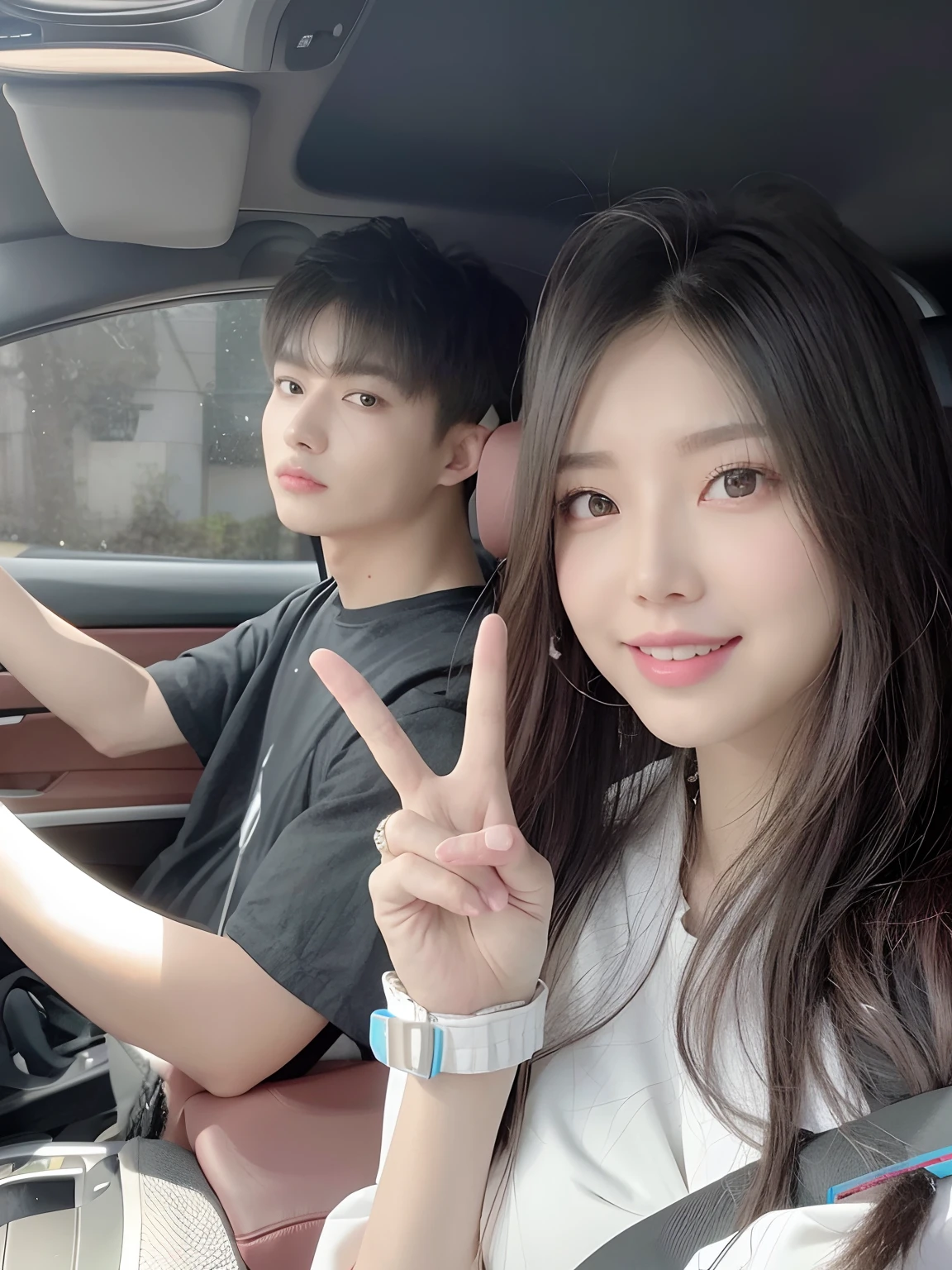There were two people sitting in a car，One of them held a peace sign, Cai Xukun, Ruan Jia and Fenghua Zhong, zmonzheng, cute couple, 😭 🤮 💕 🎀, yanjun cheng, # overclocking, #overclocking, shaxi, 🔞🤡, with ivy, xision wu, 🚿🗝📝