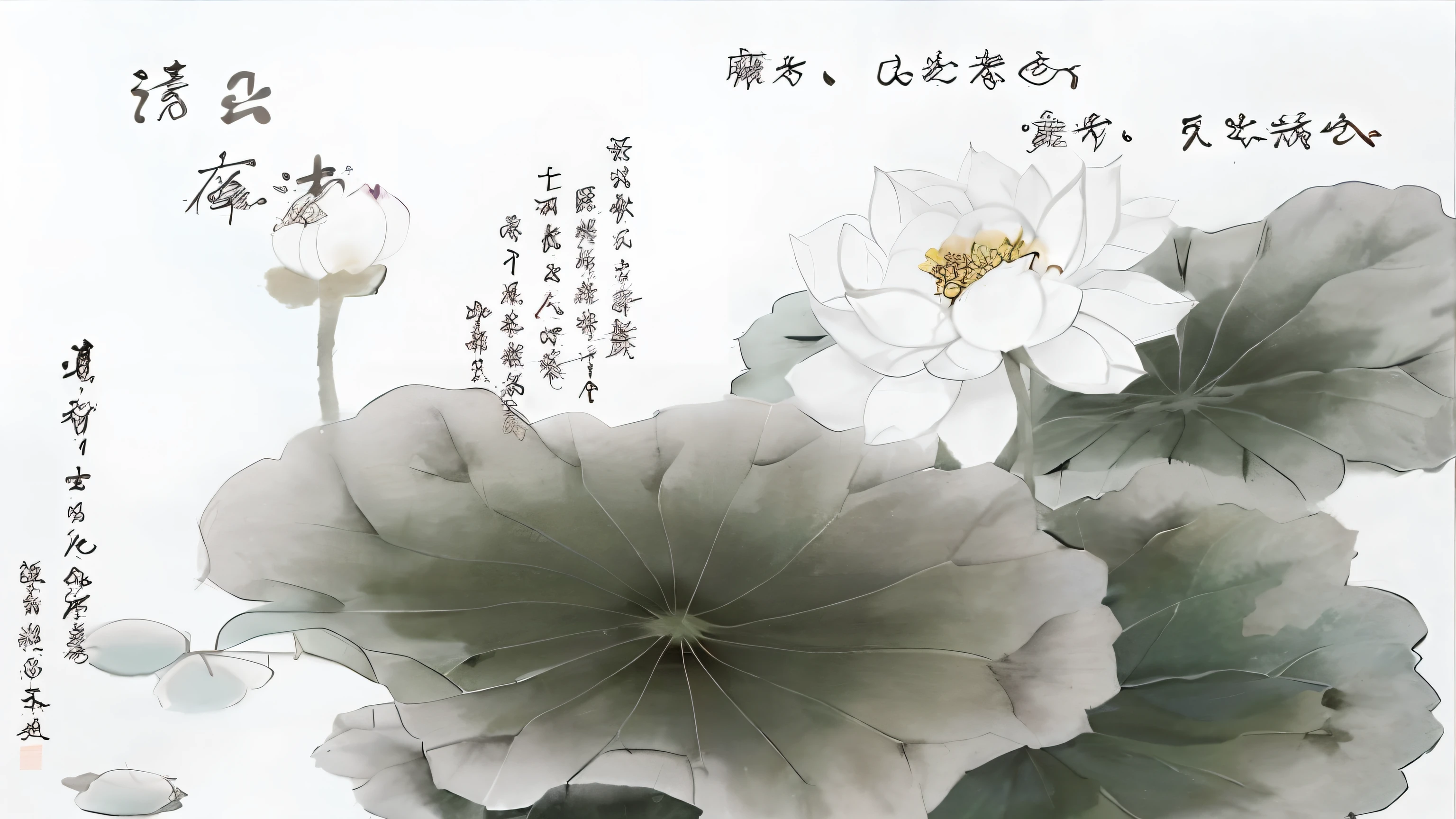There is a painting of lotus flowers and leaves on a white background, Traditional Chinese painting, Middle metaverse, Chinese painting style, author:Chen Daofu, Traditional Chinese Ink Painting, author:Zhang Shunzi, author:Xu Xi, author:Guo Xi, Traditional Chinese art, style of guo hua, author:Cloud Shouping