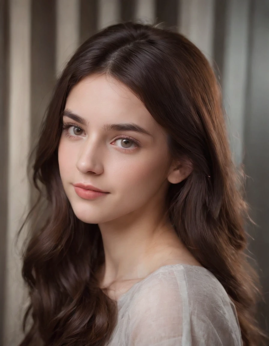 Portrait of a 19 year old girl, loose dark brown hair, dark brown eyes, she's pale, messy hair, simple clothes, 21st century, she's with a scowl, she's rude, she's tired, comic book art style, happy smile