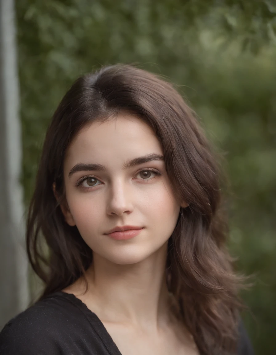 Portrait of a 19 year old girl, loose dark brown hair, dark brown eyes, she's pale, messy hair, simple clothes, 21st century, she's with a scowl, she's rude, she's tired, comic book art style, happy smile