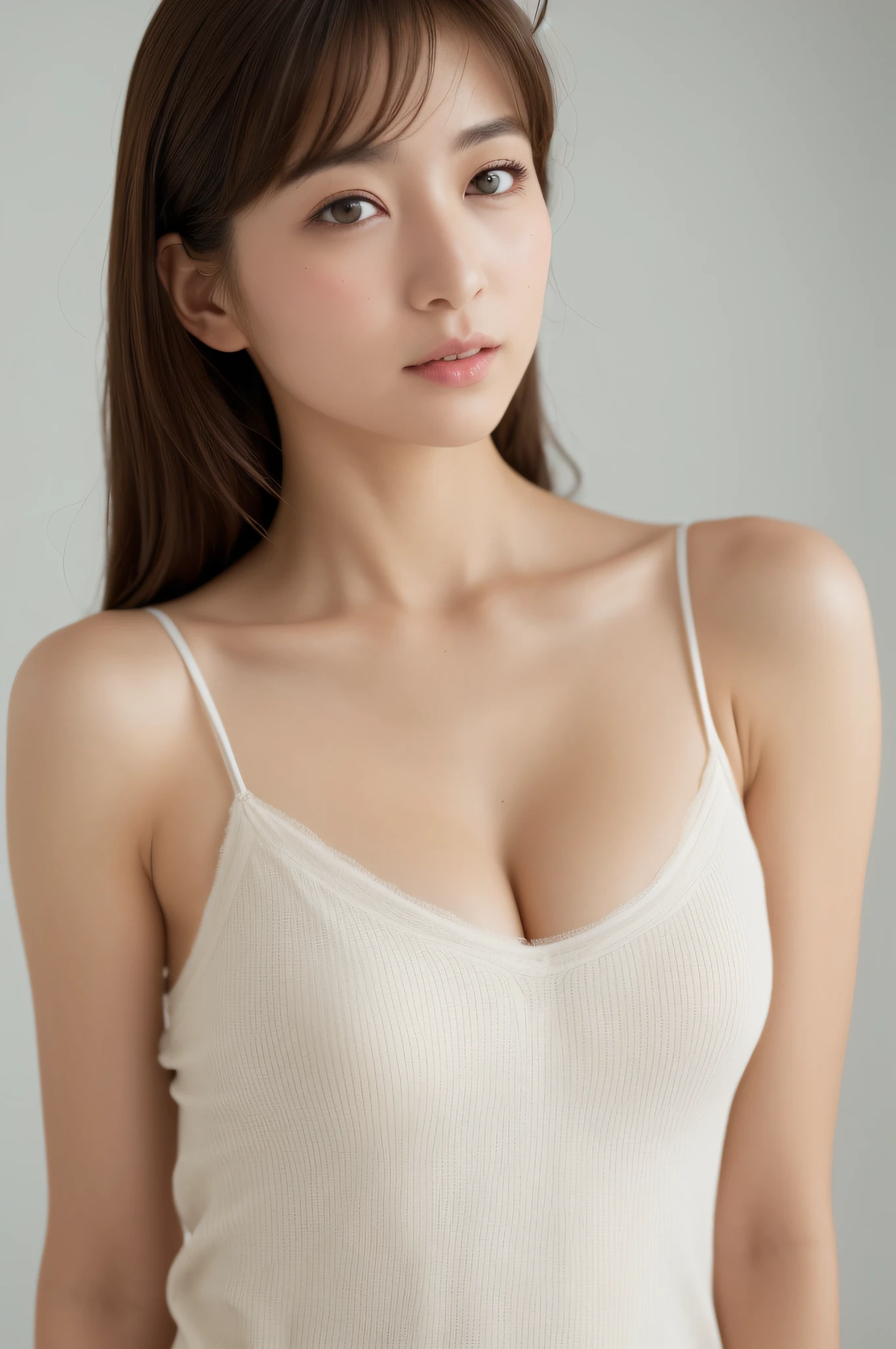 ((The highest image quality, 8K, tmasterpiece:1.3)), 1girll, Beautiful woman with slender abs:1.3, (casual hairstyle, Leaky Big Breasts:1.2), Low Cut Bra，Oversized，Ultra-fine face, A detailed eye, 二重まぶた，ssmile，Home，The figure is very bad，tiny small waist，Super big breasts，close-up，Close-up chest，White-skinned，The background is casual，Close-up shot shots