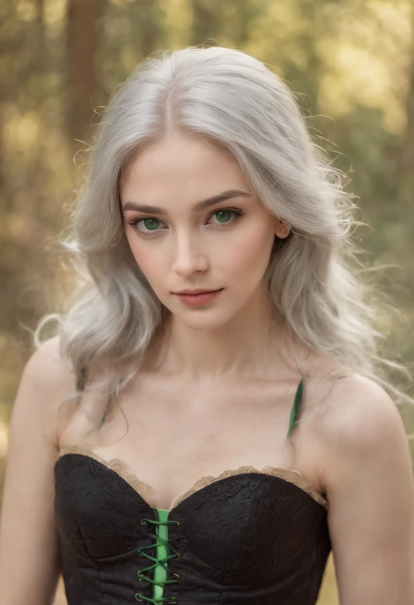 Fair complexion, A woman around 19 years old, Wearing a black corset，Natural gray hair, Unique green eyes, Wear Cole, Slender and graceful, Beautiful, Medieval environment， super sharp focus, realistic lens, Medieval women's clothing, Four colors (Scar:1.4)，，（（Full body like）），（Sitting in an ancient wooden wheelchair）