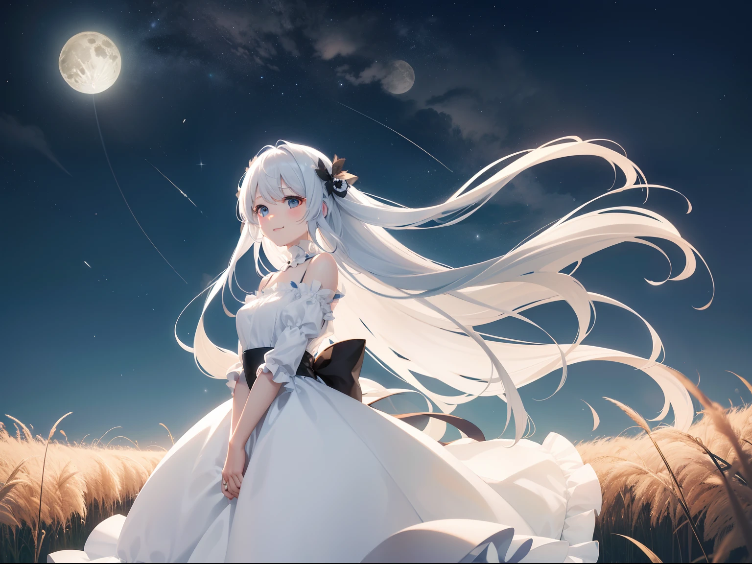 Pretty girl a smile Sky blue long hair Long white dress with black eyes ruffles The dress flutters in the wind A lot of pampas grass Swaying in the wind natta Moon Night night sky full of stars
