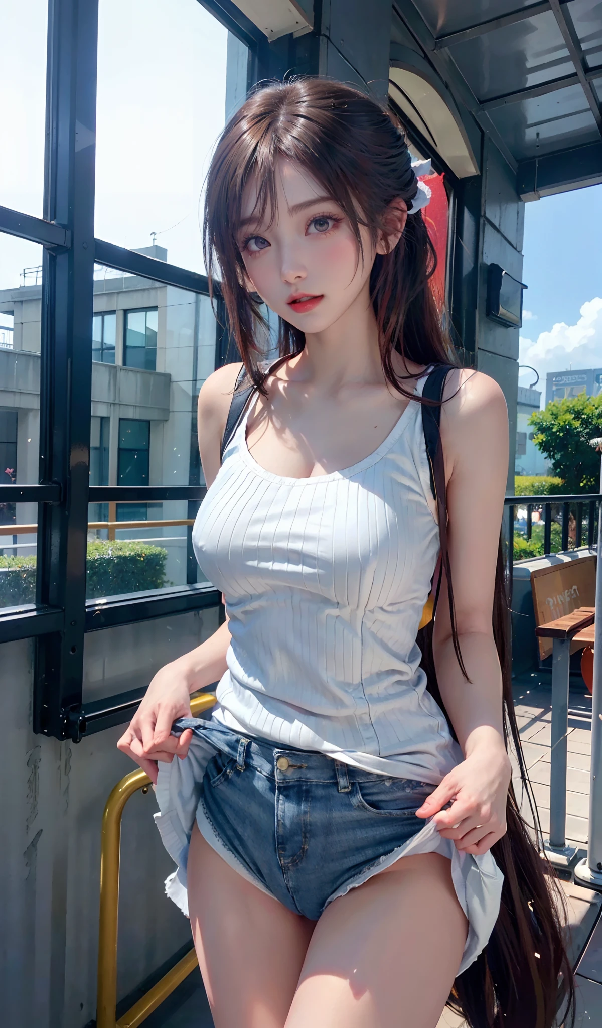 (((Shoot from a low angle below)))、(((White denim、White denim shorts、Pink denim、Denim wrinkled and lifted、The display tray is lifted.、Lift your shorts yourself、White denim shorts)))、(((Panties can be seen through the gaps in the shorts)))、White vest、ultra - detailed、tmasterpiece、top-quality、超A high resolution、8K、high-level image quality、Photogenic clarity、Live action、A detailed eye、gradients、perfect anatomy body proportions ,hdd、NFFSW , Nikon Z9 80mm lens 、masutepiece、Detailed panty pattern、Detailed and clear panty pattern、Bright sunlight and natural light、Crowds in the city、The beautiful bust seems to overflow、Beautiful pointed areola,,,,、Her eyes sparkled.、Brunette Bob hair、、Bright lips and lip gloss、
