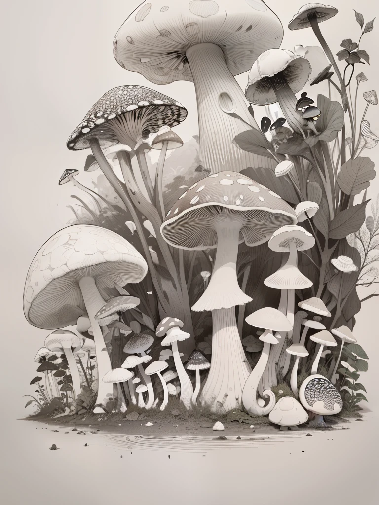 mushroom, snail,vine