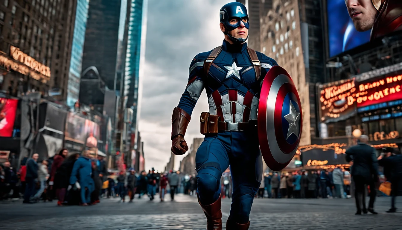 Marvel Cinematic Universe, Captain America Steve Rogers, in Times Square, New York City. Confidently striding through the bustling square, holding his iconic shield, gleaming in the intense futuristic light. Full body shot, facing the camera with determination. Remarkable attention to detail in costume and expression, vividly portrayed in glorious 8K resolution. Shot with a state-of-the-art camera setup and extensive post-processing for a jaw-dropping visual experience. A true masterpiece showcasing Captain America's essence in the heart of the city that never sleeps. Full-body, reflection, many details, a lot of detail.