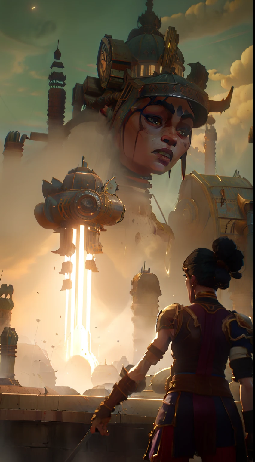 Female warrior in armor,Wielding a sword and horns、Snake tail、Huge monster battle with horseshoe,The foreground is a dusty mound,In the back background is an ancient complex of buildings,Refinement,Precise movements