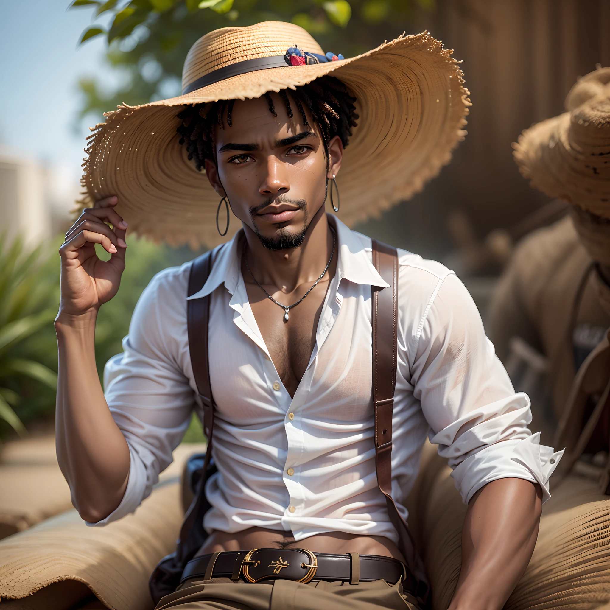 homem idoso, black man wearing straw hat, usando camisa branca envelhecida. Ele fuma cachimbo. --auto --s2
