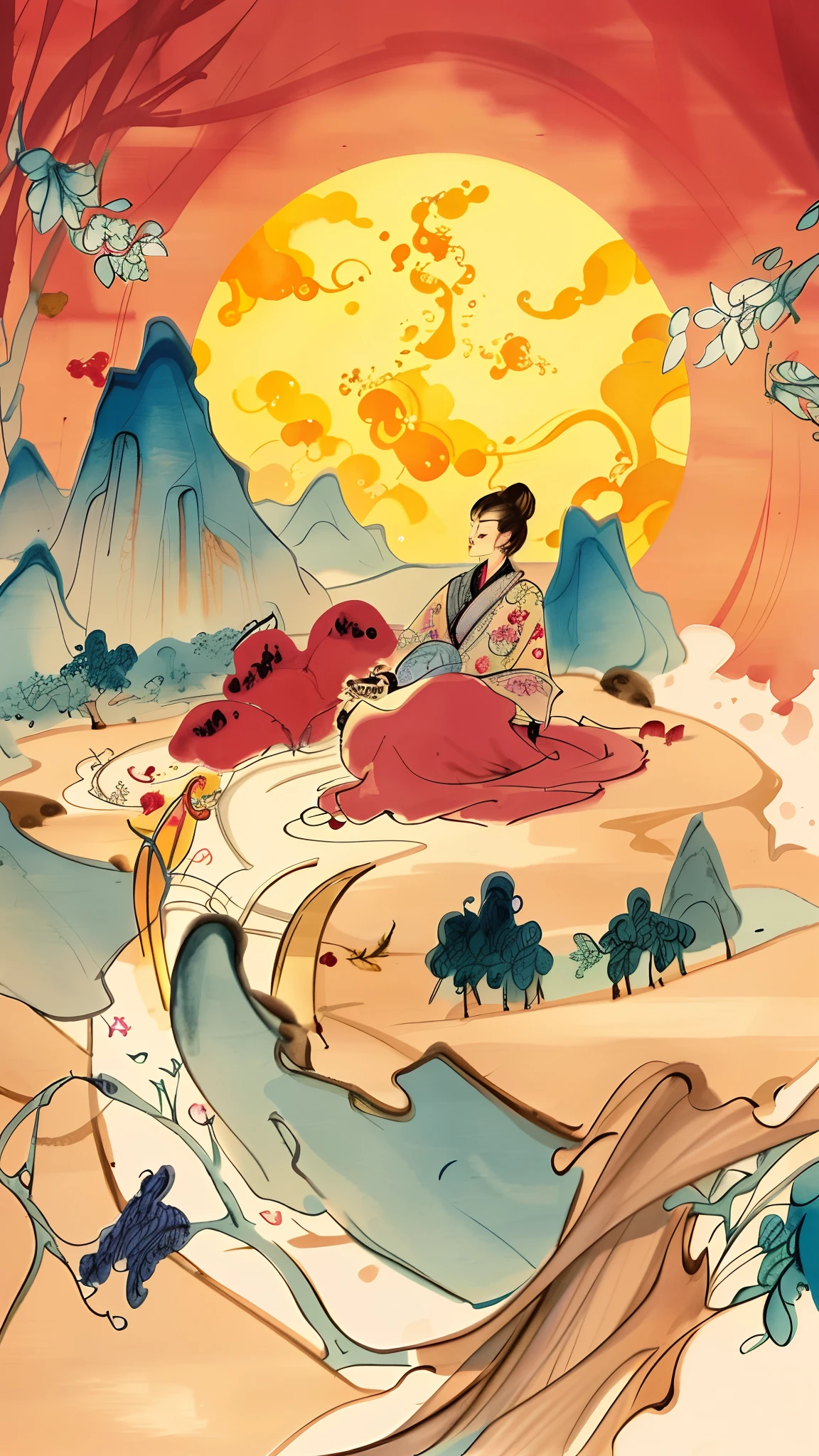 Colorful illustration, an illustration of inspired by Victo Ngai, A beautiful artwork illustration, Chinese style painting, Inspired by Yang Buzhi, dreamlike illustration, Chinese fantasy, detailed digital illustration, Chinese watercolor style, dreamland of chinese, G Liulian art style，Wine is the theme，Take the wine，canals，Lots of rivers
