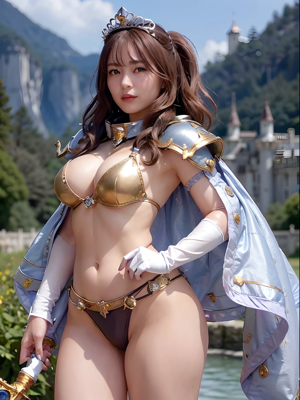 Split abs, Turn your back, Kneel, Professional , masterpiece、top-quality、photos realistic , depth of fields (Gemstone Silver Metal Body:1.9),(Matte Silver、Jewel Gold Weapon、(Gorgeous castle background)、(Jewel White Metal Body:1.4),(Gorgeous Jewel Metal Weapons) , (Hold the detailed sword of the hero), (close-up,dream magical,tornado ) , (Iron Micro Bikini Armor),warhammer 40k , adepta sororitas, Detail and ornate jewel crown,(Gangle's forest background)、1a person、dynamic ungle,(((Diamond tiara with detail and luxury)))、a small face、Powerful poses、(Gorgeous castle background)、huge filesize、20 year old beautiful woman、Stand in the center of the screen、Straight long hair、a beauty、Mystical expression、Lightly open your mouth, Luminescent particles, light scattering,Tindall Effect, cleavage of the breast、