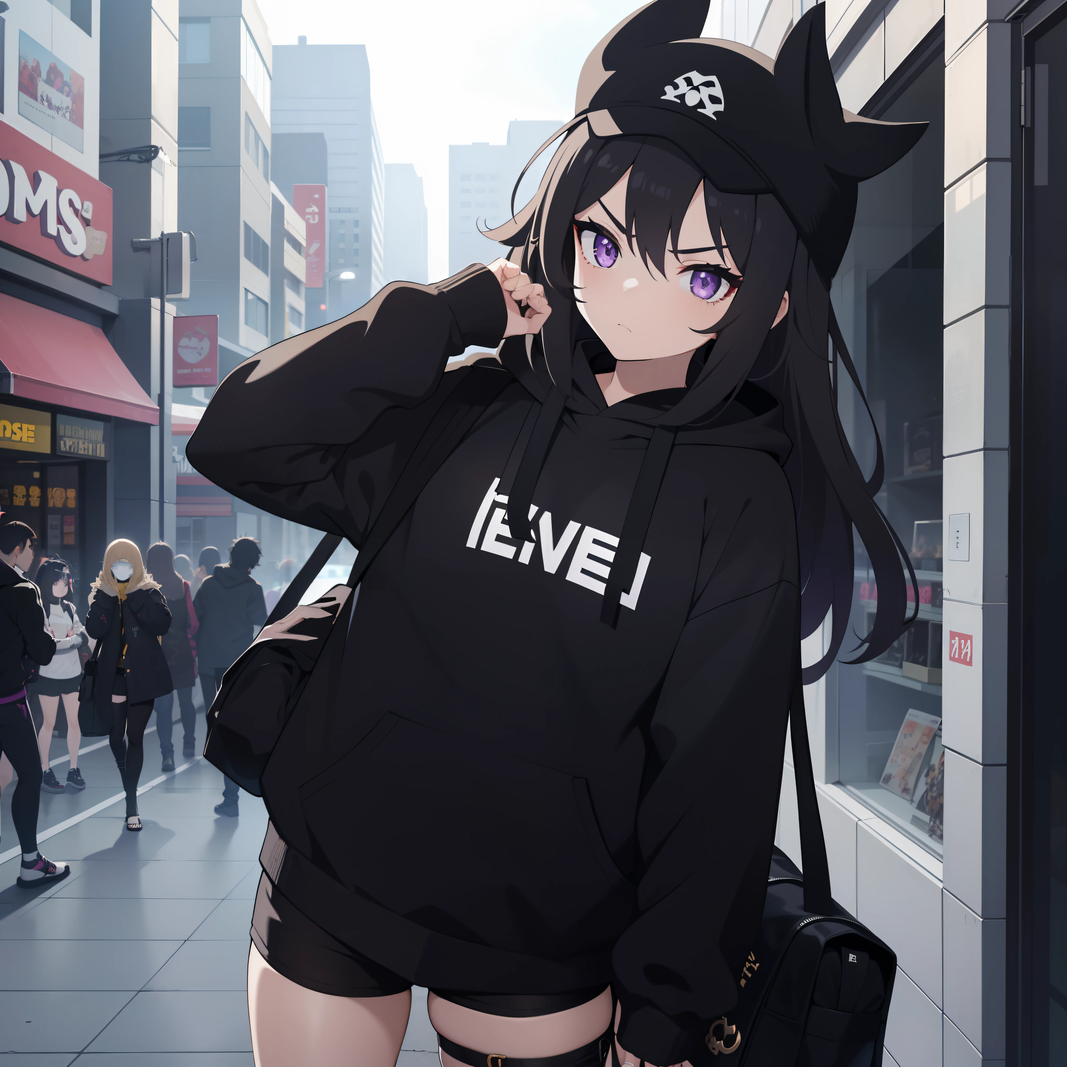 1girl, 1person, black shorts, black hoodie, purple eyes, black long messy hair, long messy hair, black hoodie, black shoulder bag with pouches, shoulder bag, beige sandals, sunny, black dark sunglasses, black face mask, sigh, moody, anime store, city, infront of store, anime theme store, waiting, black cap