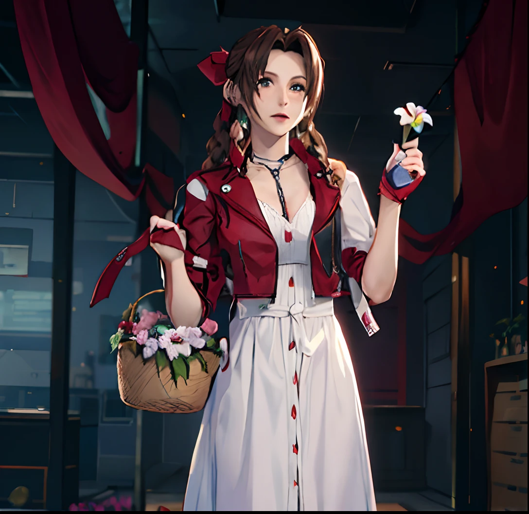 Alafe in a white dress with a basket of flowers, aerith gainsborough, beautiful aerith gainsborough, glamorous aerith portrait, Square Enix, final fantasy character, from final fantasy, from final fantasy vii, sakimichan frank franzzeta, from ff7, Tifa, mai shiranui, amy rose red dress