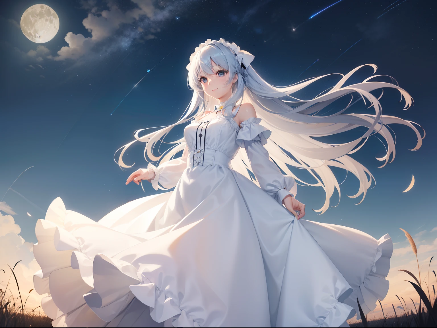 Pretty girl a smile Sky blue long hair Long white dress with black eyes ruffles The dress flutters in the wind A lot of pampas grass Swaying in the wind natta Moon Night night sky full of stars