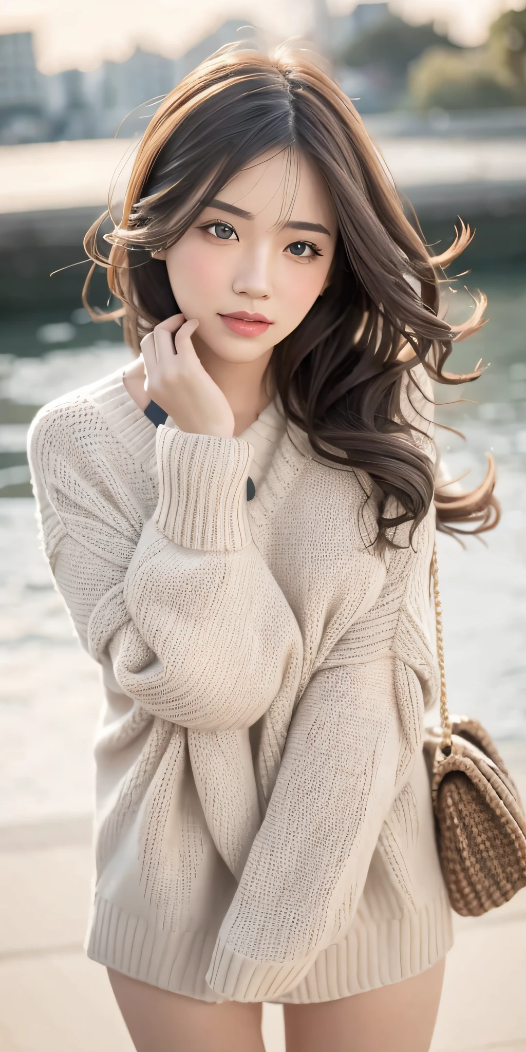 1girl walking on the river, mix4, sweater, pillow, lips, open_mouth, realistic, photo_\(medium\), solo, stuffed_animal, stuffed_toy, teddy_bear,(masterpiece),(photorealistic:1.3), ultra-detailed, (high detailed skin:1.2),(best quality:1.0), (ultra highres:1.0), (ulzzang-6500:0.3), wavy detailed hair, long hair, sunshine, (beautiful detailed makeup), (sexually aroused blushing heavy breathing:1.0), floral theme flower petals scattered, (soft glow bloom:0.5)