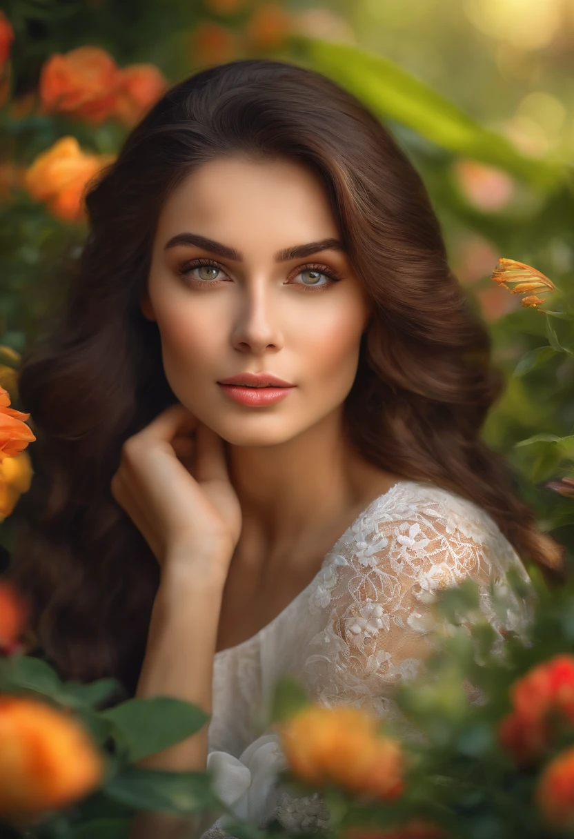 a girl with beautiful detailed eyes, beautiful detailed lips, extremely detailed face and a long eyelashes, medium:oil painting, a scene in a gorgeous garden, surrounded by vibrant flowers and lush green trees, (best quality,4k,8k,highres,masterpiece:1.2), ultra-detailed, (realistic,photorealistic,photo-realistic:1.37), HDR, vivid colors, bokeh, portraits, warm and vibrant color palette, soft and natural lighting.