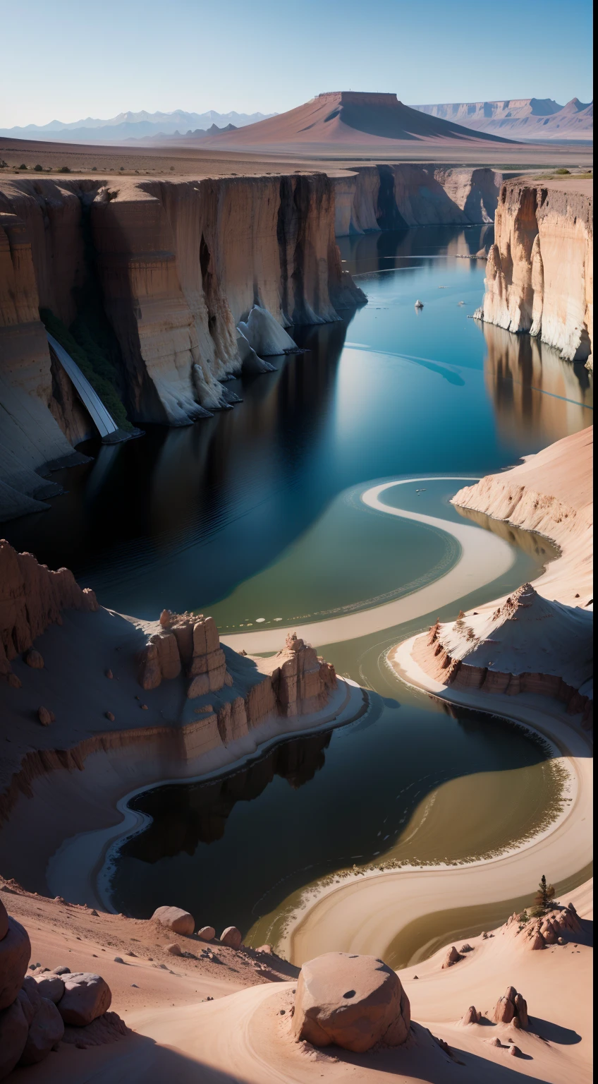 Relogios explodinho no horizonte alaranjado em uma paisagem nevada com reflexos em um lago