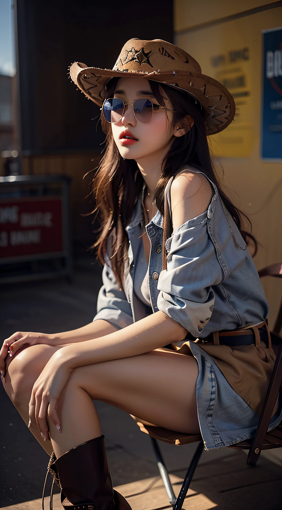 4K Ultra HD, Best quality, A girl, Good face, sun glasses, Detailed lips, Long hair, Straight hair, Wear denim clothing, Cowboy hat, Blurred background, Relaxed atmosphere, Sitting, Full body capture,