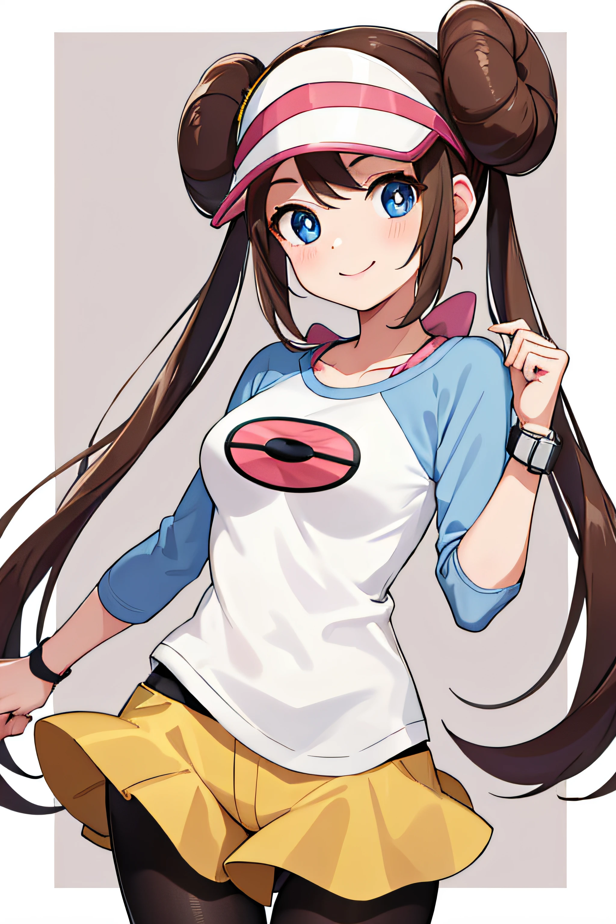 masterpiece, best quality, highres, ro1, hair bun, blue eyes, twintails, visor cap, pantyhose, raglan sleeves, yellow shorts, shirt, pink bow, wristwatch, standing, cowboy shot, field, poke ball \(basic\), smile