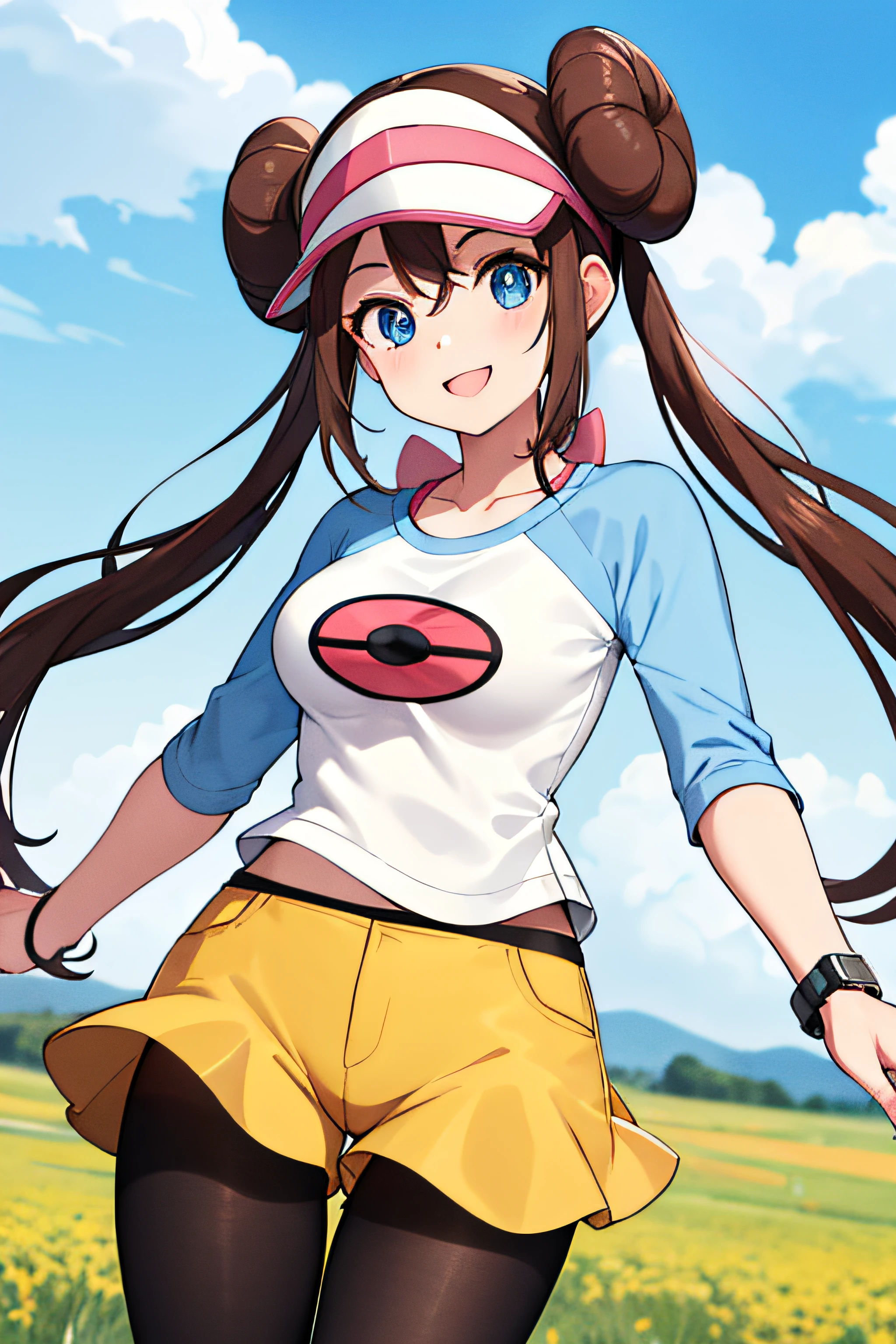 masterpiece, best quality, highres, ro1, hair bun, blue eyes, twintails, visor cap, pantyhose, raglan sleeves, yellow shorts, shirt, pink bow, wristwatch, standing, cowboy shot, field, poke ball \(basic\), smile