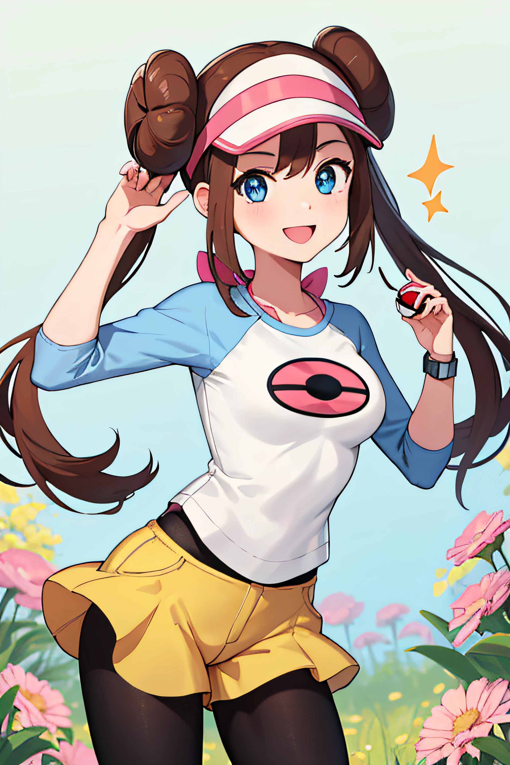 masterpiece, best quality, highres, ro1, hair bun, blue eyes, twintails, visor cap, pantyhose, raglan sleeves, yellow shorts, shirt, pink bow, wristwatch, standing, cowboy shot, field, poke ball \(basic\), smile