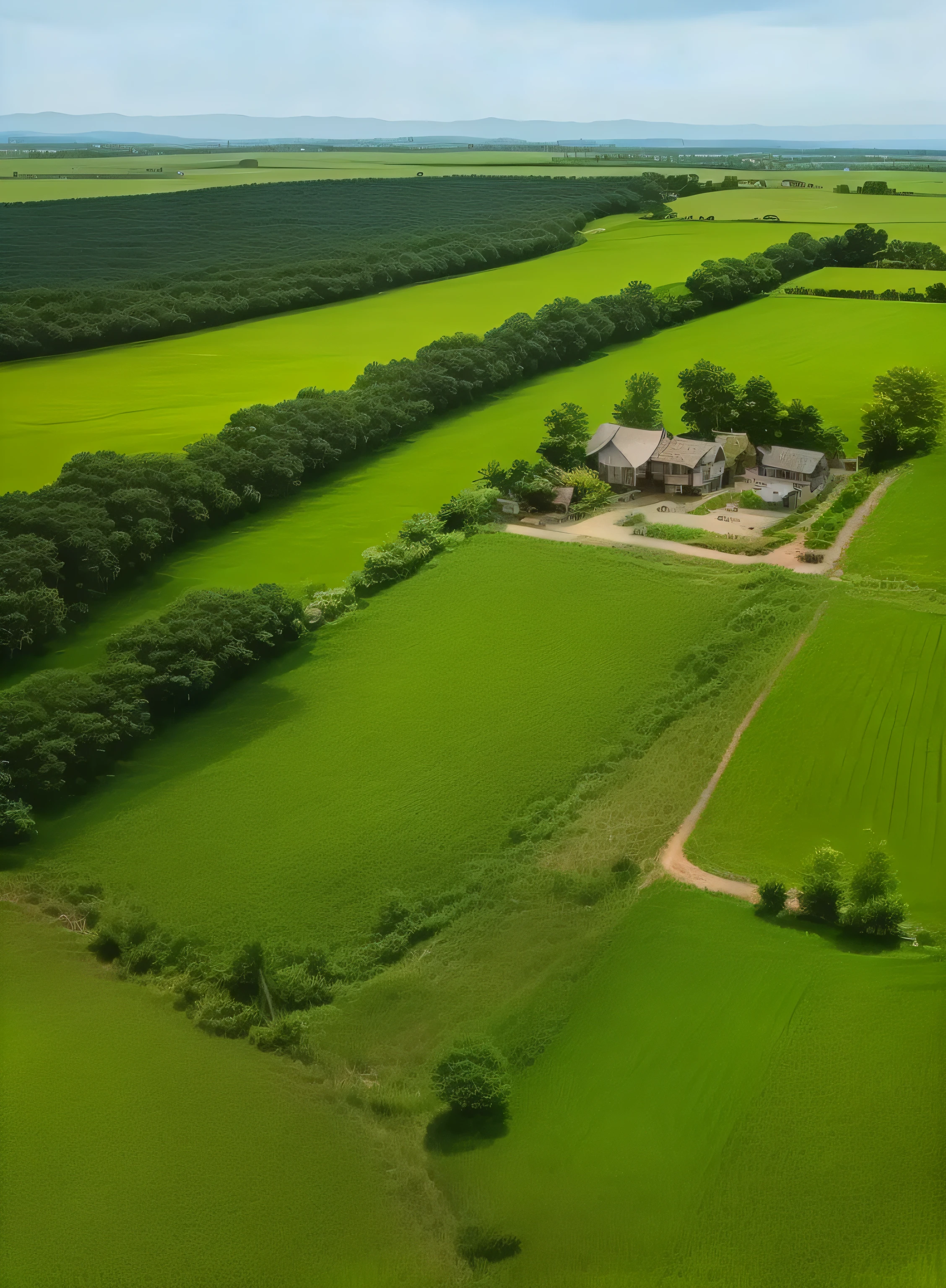 Arafed house in a field with windmills and windmills, Shot from a drone, Drone view, Shot from 5 0 feet away, Panoramic view of the farm, Aerial images from drones, Agricultural land, A picturesque and fruitful land., Shot from a drone, Lush farm land, Shoot down drones, Seen from above., Fields and rivers flow., Wide aerial photography