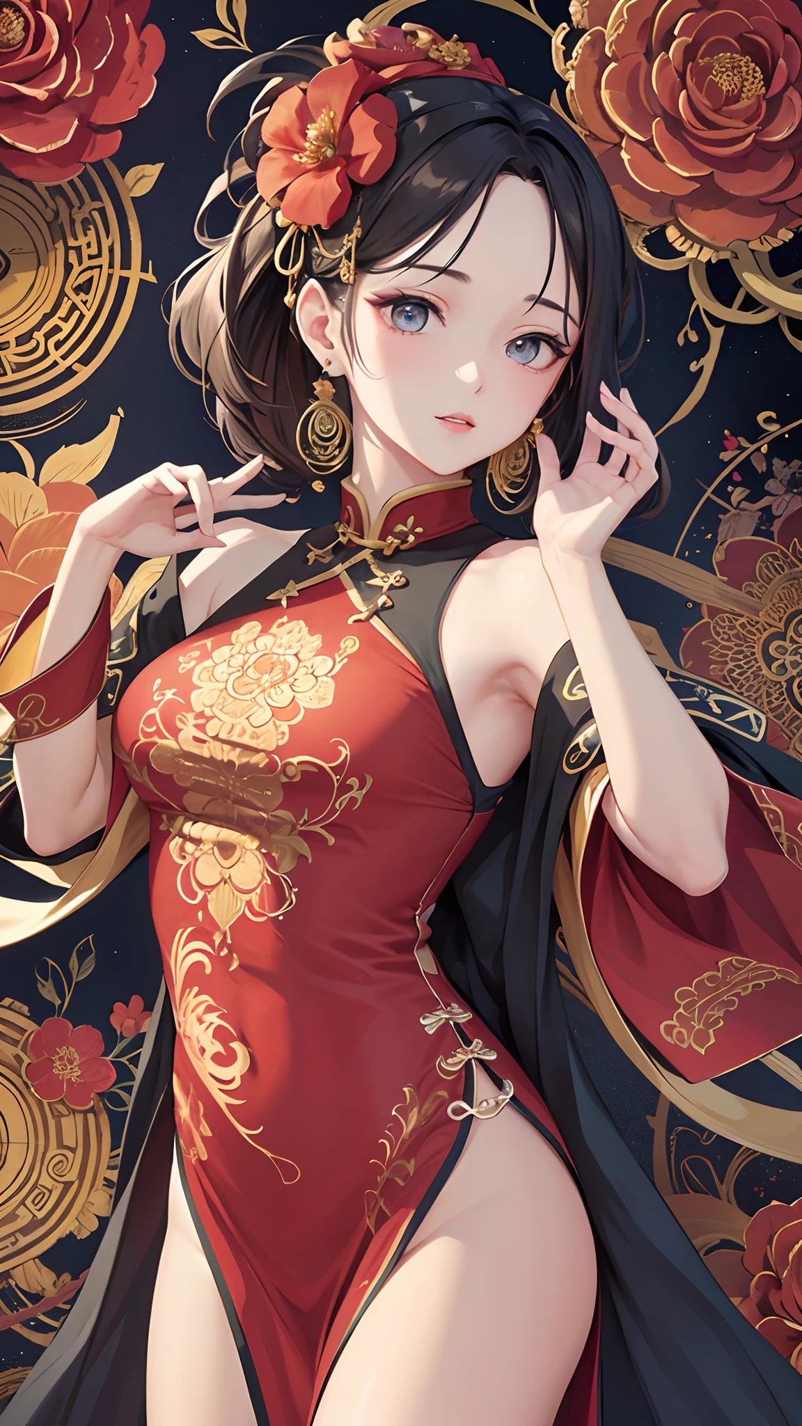(Masterpiece, Top Quality, Best Quality, Official Art, Beauty and Aesthetics: 1.2), (1girl: 1.3), Very Detailed, (Fractal Art: 1.1), (Color: 1.1), (Flowers: 1.3), Most Detailed, (Zentangle: 1.2), (Dynamic Pose), (Abstract Background: 1.3), (Chinese Dress: 1.2), (Shiny Skin), (many colors:1.4), ,(earrings:1.4),