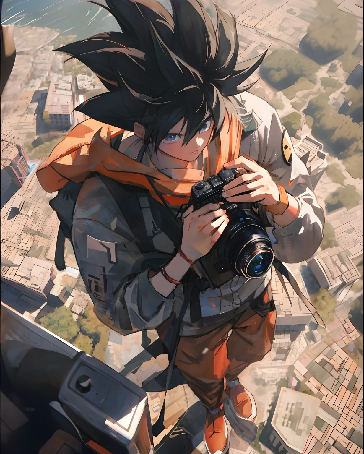 anime boy with camera taking picture of city from high up, anime style mixed with fujifilm, clean detailed anime art, high quality anime artstyle, artwork in the style of guweiz, highly detailed anime, photorealistic human goku, anime highly detailed, ross tran style, badass anime 8 k, anime style 4 k, detailed digital anime art, trending anime art, Goku , dragon ball z