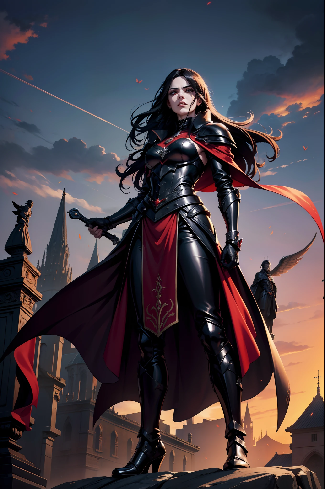 An adult vampire wizard character wearing black and red gothic armor. Seu cabelo tem com corte curto. Magnificent, noite, luz do luar, pegue a chave, Facial expression of anger, 8k, posicionada em cima de uma pedra elevada, olhando para frente, Sanctuary, Gothic city, statues, descendo as escadas olhando de cima, fluttering cover, hair fluttering
