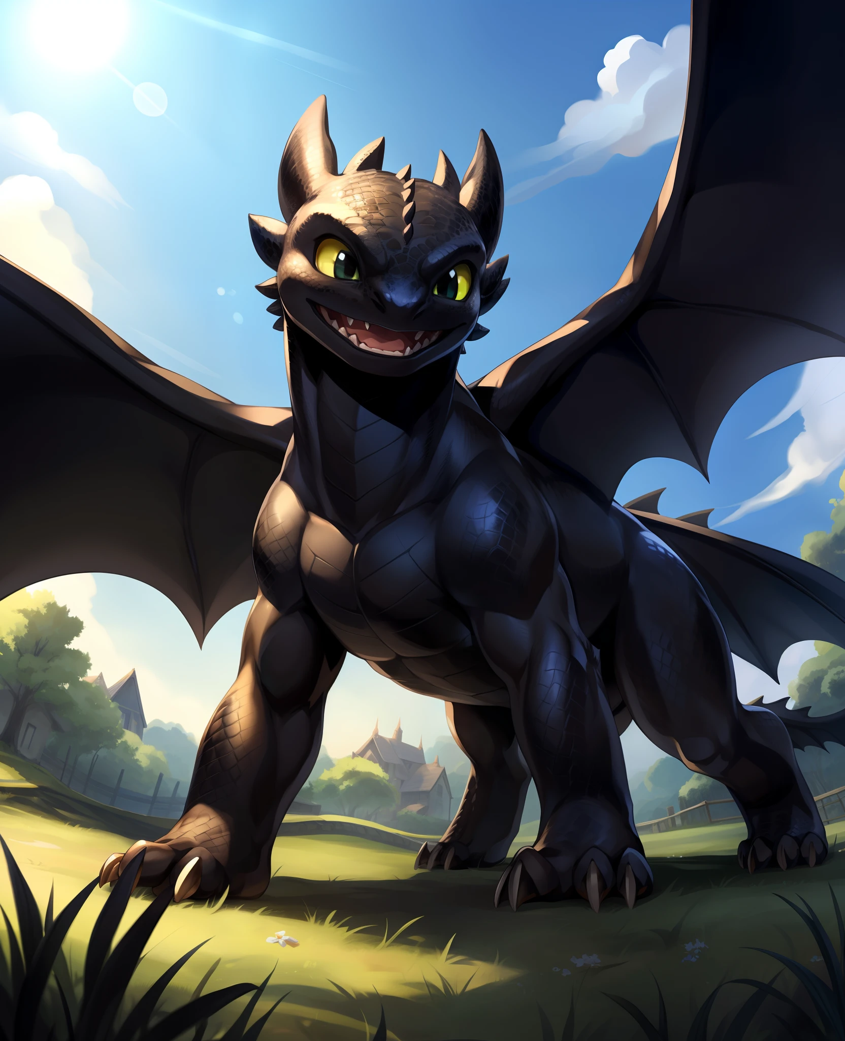 membranous wings, feral, quadruped, countryside, low-angle view, claws, detailed background, scales, by chung0 0, by null-ghost, by littleblackalas, by [bakemonoy|darkgem|mystikfox61|nurinaki] toothless, black body