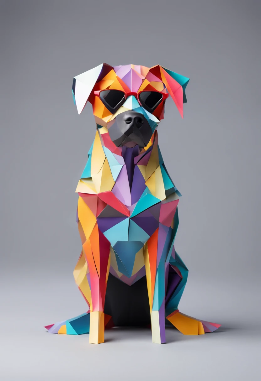 (Full Body Shot), solo, 1 Female dog,Dynamic pose,denim short,sunglasses,standing on your feet,Gray gradient background,(extremely colorful, Best quality, high detailed, Masterpiece, Cinematic Lighting, 4K, Chiaroscuro,Ray traching)
