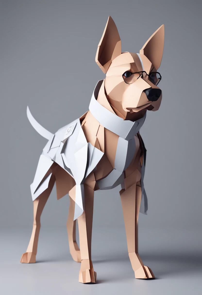 (Full Body Shot), solo, 1 Female dog,Dynamic pose,denim short,sunglasses,standing on your feet,Gray gradient background,(extremely colorful, Best quality, high detailed, Masterpiece, Cinematic Lighting, 4K, Chiaroscuro,Ray traching)
