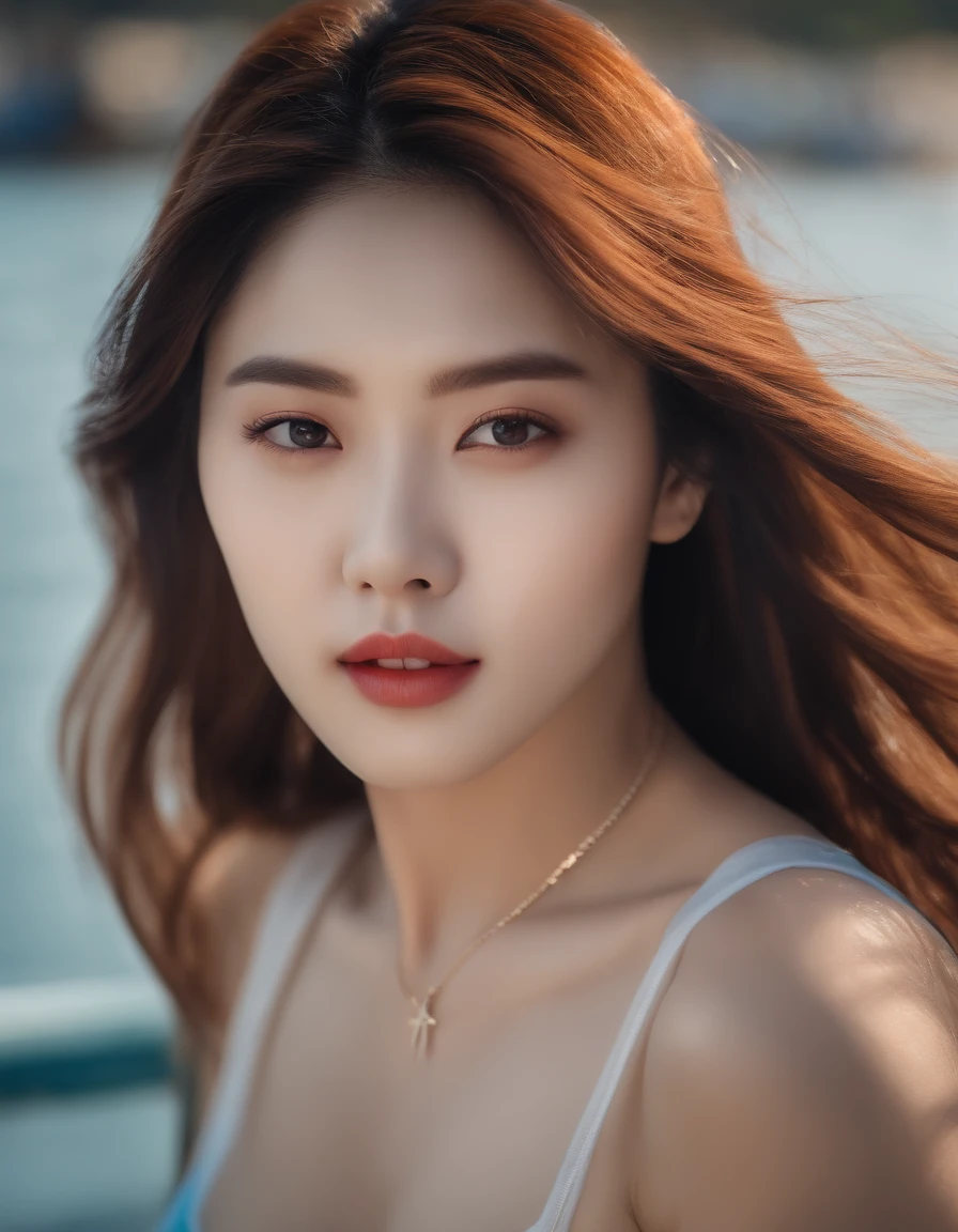 realistic photos of 1 cute Korean star, straight hair, hair flying, white skin, thin makeup, 32 inch breasts size, wearing zipper crop top, at the pier, close-up, portrait, Abstract expressionism, UHD