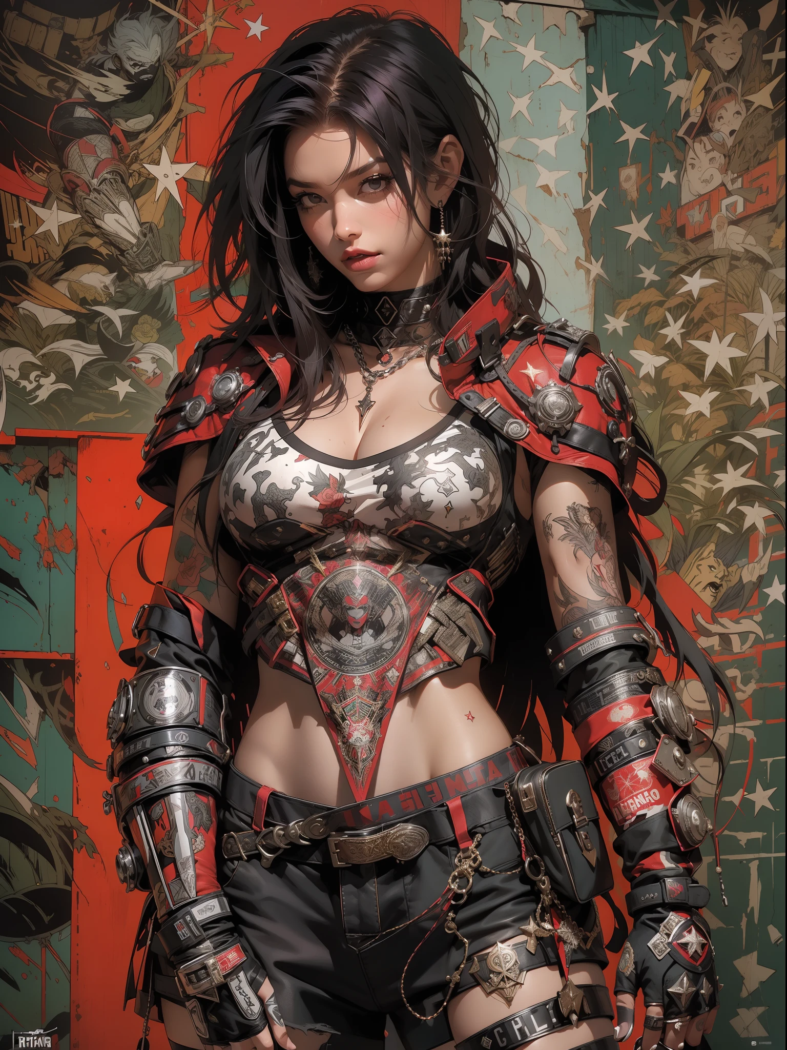 (((mulher))), (((melhor qualidade))), (((obra prima))), (((adulto))), (((1girl))), ((( corte de cabelo bob ))), Uma gladiadora cyberpunk mulher de 25 anos com corpo perfeito, shoulder pads with metal spines, Gladiadores do Brooklyn, (( corte de cabelo bob )), tiny leather panties, camiseta de time de rugby rasgada, quase nua no estilo selvagem urbano de Simon Bisley para a capa da revista Heavy Metal, Cabelo loiro curto, Minimum clothing, Metal protection on the left arm with intricate graphics, Dark red with white stars and white and violet checkerboard pattern, armadura, cheio de pontas e rebites, (((do joelho pra cima))), cabelos loiro branco curto, no fundo uma parede pintada por Shepard Fairey com um design intrincado