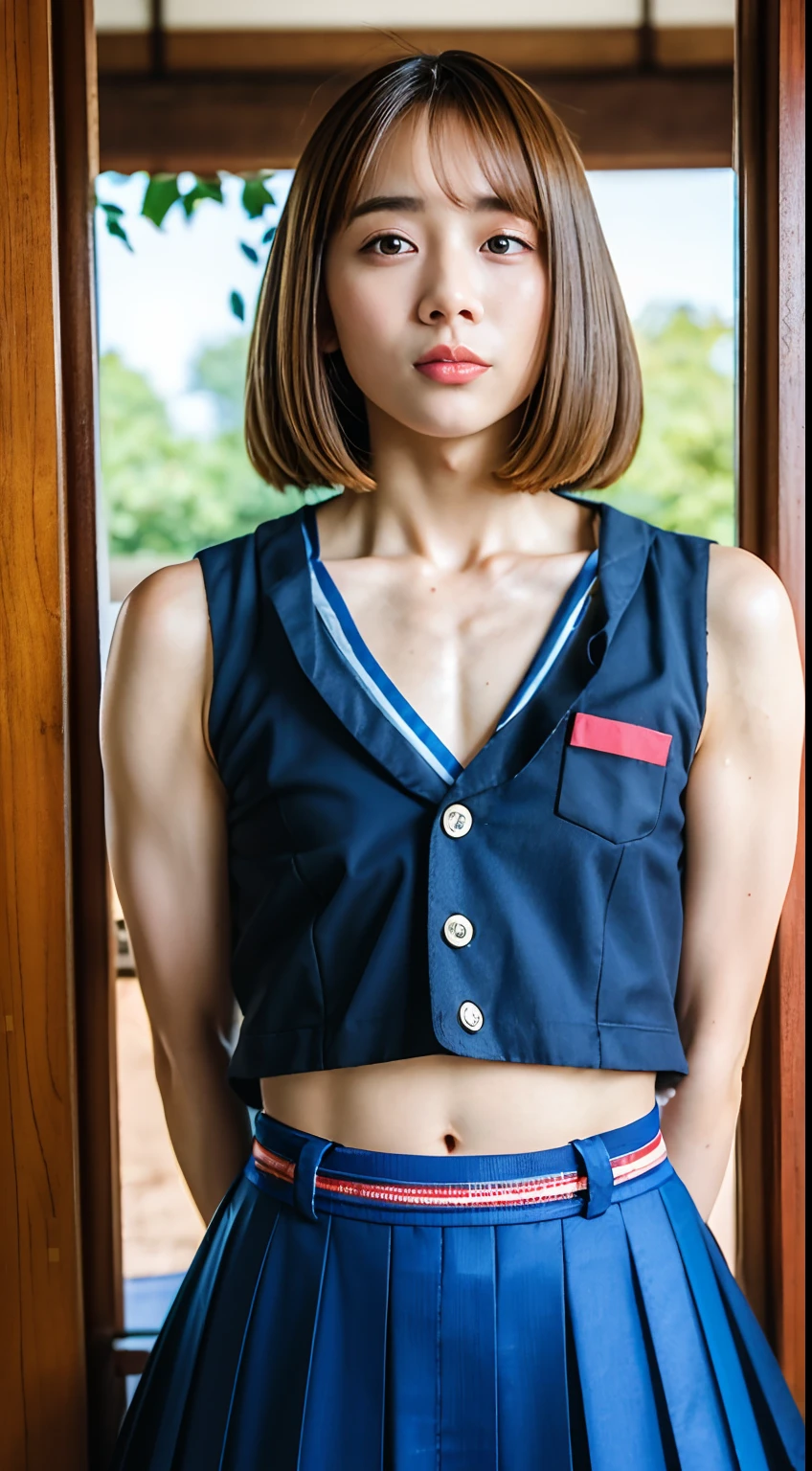 (a boy), (flat chest:1.5), (vagina:-1.5), (pussy:-1.5), (pussy line:-1.5), (Erection under clothes:1.4), (Erection crotch bulge:1.1), (Japanese), break, (A boy who is absolutely male, with a cock but flat chest, a beautiful body like a woman's, and a face that is incomparably peerless beauty and unrivaled cuteness, like a Japanese idol girl:1.3), (flat chest:1.5), (vagina:-1.5), (pussy:-1.5), (pussy line:-1.5), (Erection under clothes:1.3), (Erection crotch bulge:1.1), break, (RAW photo, Masterpiece, UHD:1.5), (high resolution:1.5), (photorealistic, Ultra detailed:1.5), (crisp focus:1.5), (full body shot:1.1), break, (unrivaled cuteness and peerless beauty japanese idol girl like a beauty face:1.3), natural makeup, (crowded place, seen by a lot of men:1.3), (wearing Japanese girls' high school uniform:1.5), break, (male focus, 1boy), (short:1.3), (short torso:1.3), (muscular:-1.3, (small areolae:1.2), (after shaving armpits:1.3), (after shaving pubic hair:1.2), (Lightly sweating all over:1.2), (spread legs:1.3).