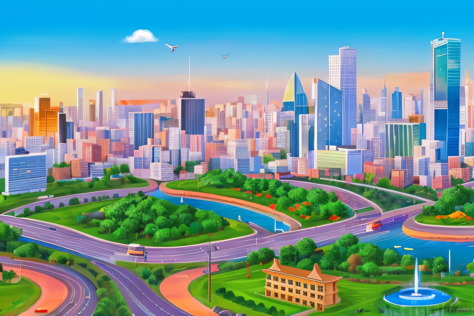 A painting of a city with many buildings and roads, day cityscape, countryside city scene, urban backdrop, urban backdrop, beautiful cityscape background, city on the background, city in backround, Busy city on background, Beautiful cityscape, Beautiful city, Modern city background, megacity background, detailed city background, City landscape, Beautiful city of the future, urban surroundings,charactor:Learn about a culture of integrity,Build a beautiful motherland