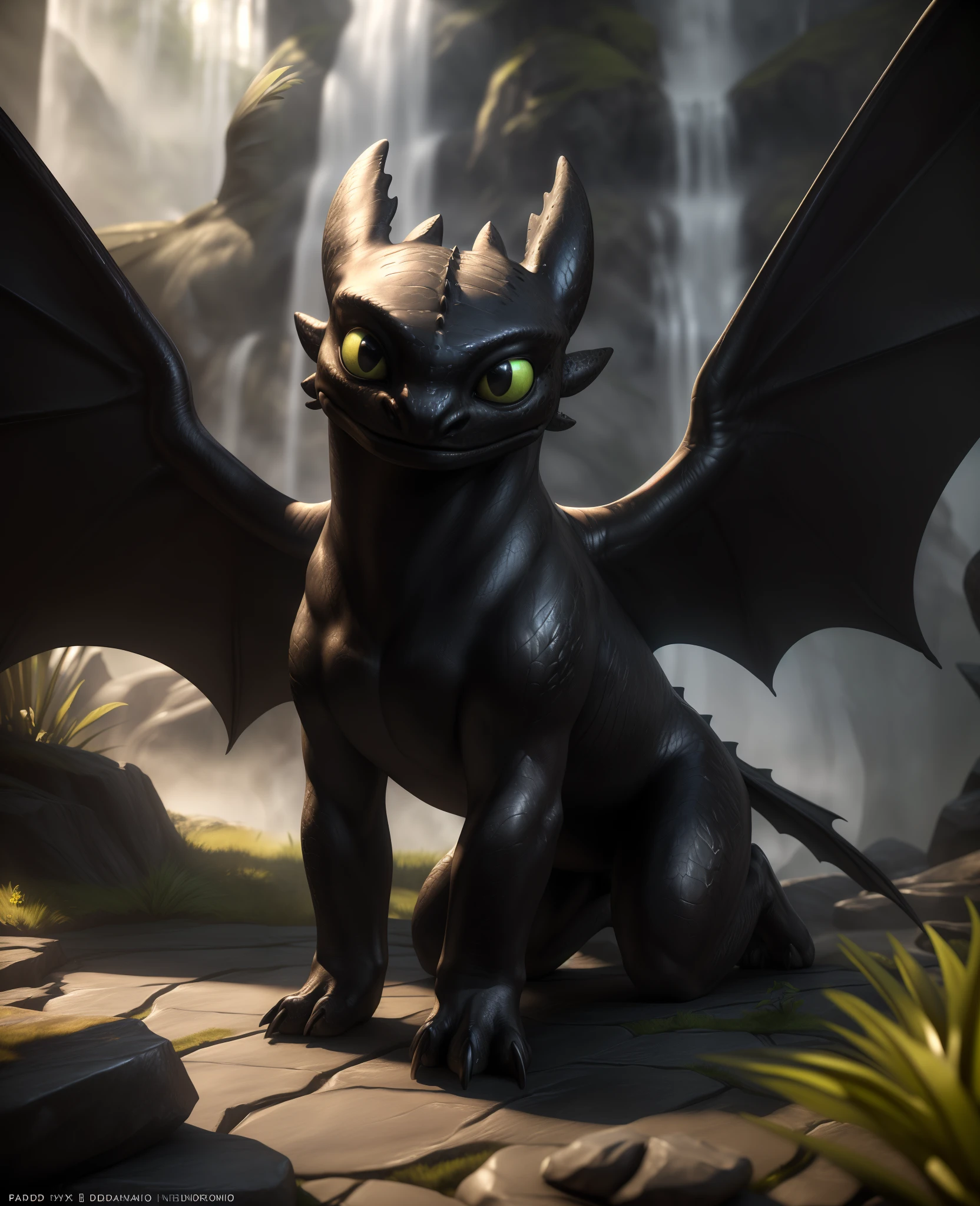 uploaded on e621, ((by Scavy, by Nicola Samori, by Zack Snyder, by Ferdinand Knab)),
solo (quadruped feral:1.35) ((toothless)) with ((black body)) and (black claws) and ((membranous wings)) and (clear yellow green eyes),
(looking at viewer), ((three-quarter portrait)),
BREAK
((all fours at mist mountain with plant and waterfall)), (fog),
(detailed background, depth of field, half body shadow, sunlight, ambient light on the body),
(masterpiece, best quality, ultra realistic, 4k, 2k, (intricate:0.9), (high detail:1.2),
(3d \(artwork\):1.25), blender \(software\), soft focus, ray tracing, (unreal engine:1.25), absurd res)