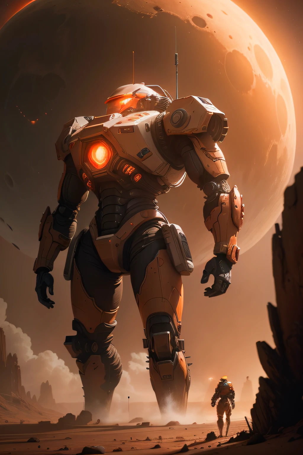 A retro futuristic scene depicting an explorer mech robot with intricate details standing on the surface of Mars, dramatic red and orange lighting creates a moody Martian atmosphere in the background. 8k resolution, matte painting, cinematic lighting, unreal engine, smooth, sharp focus, highly detailed, digital painting by Matt Ridings and Robert McGinnis.
