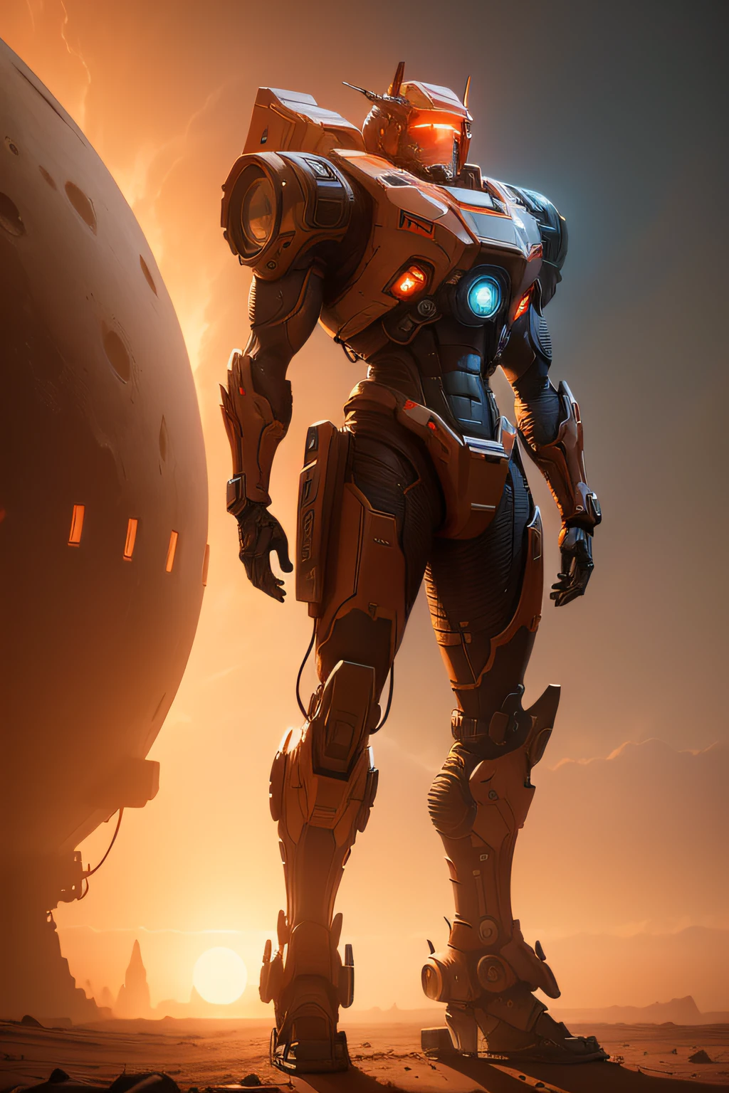 A retro futuristic scene depicting an explorer mech robot with intricate details standing on the surface of Mars, dramatic red and orange lighting creates a moody Martian atmosphere in the background. 8k resolution, matte painting, cinematic lighting, unreal engine, smooth, sharp focus, highly detailed, digital painting by Matt Ridings and Robert McGinnis.