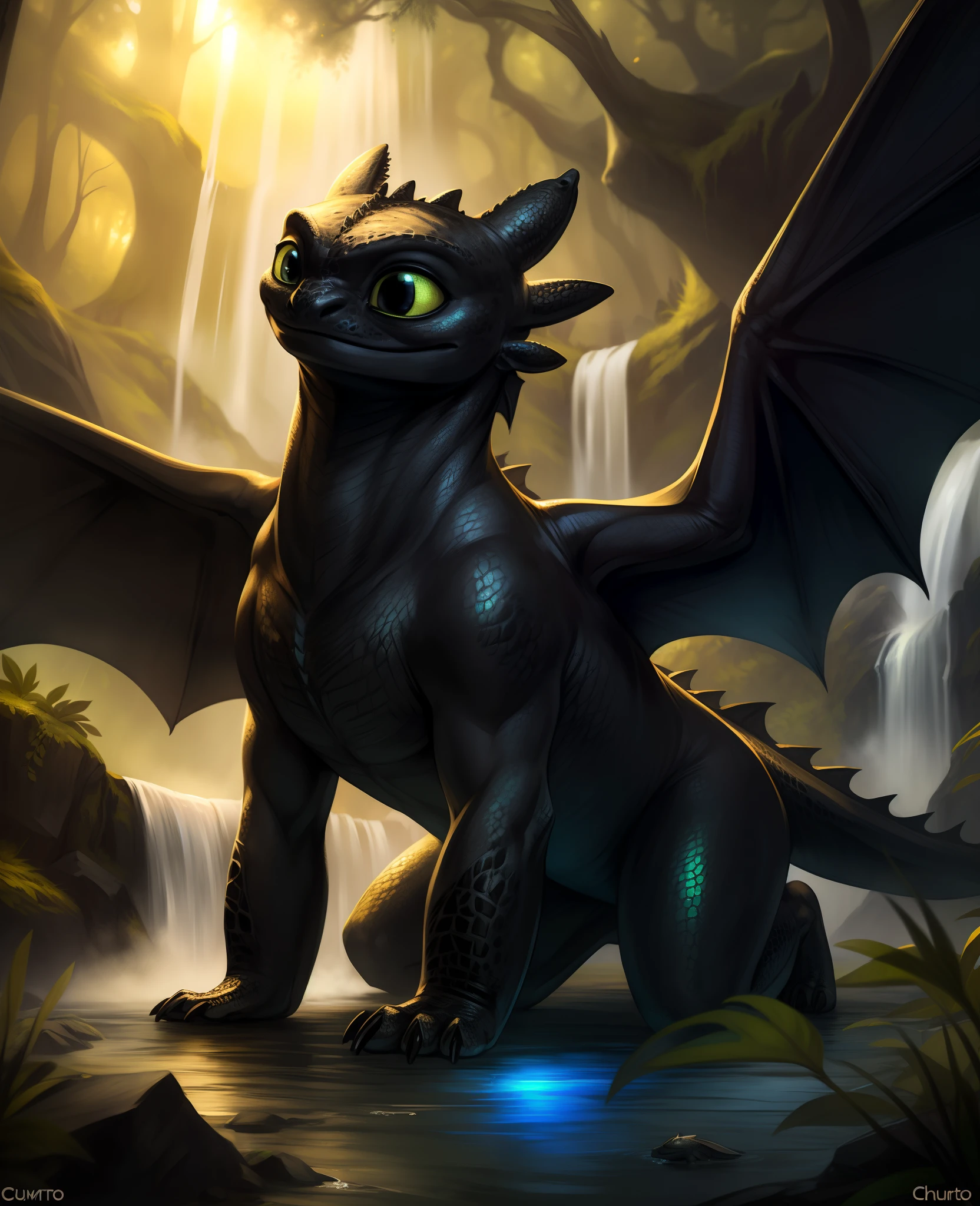 uploaded on e621, (((by Ando Fuchs, by Scavy, by Chumbasket, by Artur Bordalo))), solo (((feral Toothless))) with (((grey black body))) and (black claws) and ((membranous wings)) and (clear green yellow eyes), BREAK, ((three-quarter portrait)), ((())), (detailed feral lizard Toothless), (detailed lighting), (detailed glistening scales), BREAK, (((all fours at mist mountain with plant and waterfall))), (fog), ((yellow lighting)), ((blue lighting)), (smile), ((sunlight)), (cinematic lighting), ((detailed background)), ((depth of field)), (half body shadow), (looking away), (low-angle view), ((three-quarter view)), [backlighting], [detailed ambient light], [gray natural lighting], [ambient light on the belly], [realistic proportions], [explicit content, adult, nsfw], [sharp focus], (questionable content), (shaded), (hi res), ((masterpiece))