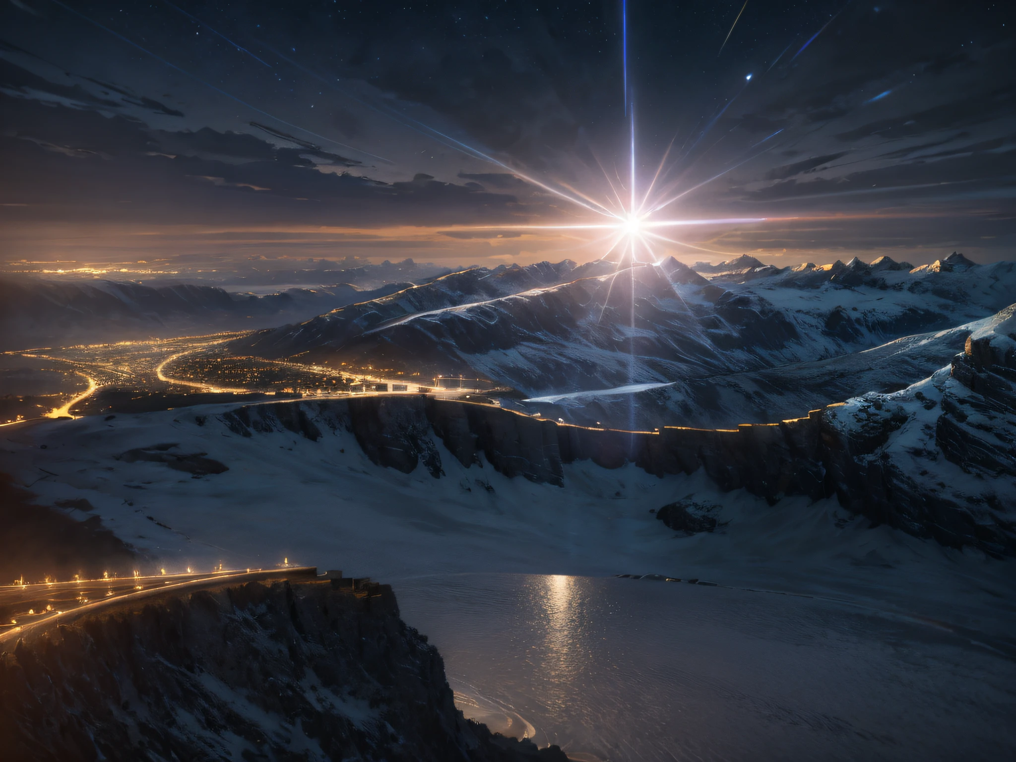 long shot, landscape background, (at night:1.2), ((Cinematic lighting)), ((dramatic lighting)), intricate detail, lens flare