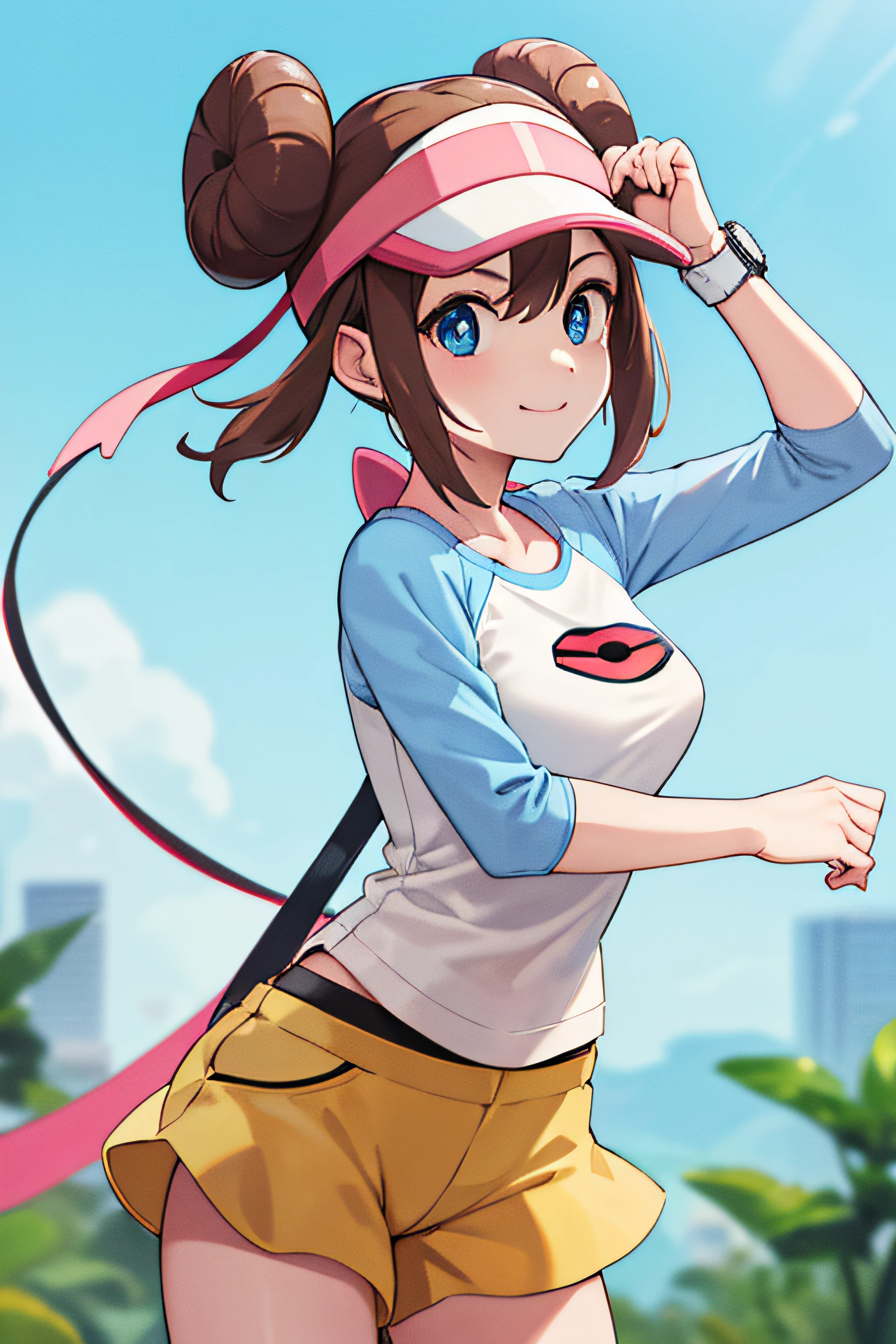 masterpiece, top-quality, Hi-Res, RO1, Hair buns, blue eyess, Twin-tailed, Visor Cap, panthyhose, raglan sleeves, Yellow shorts, The shirt, Pink ribbon, wrist watch, is standing, cowboy shot, deph of field, pokeball \(basic\), a smile,directly in front