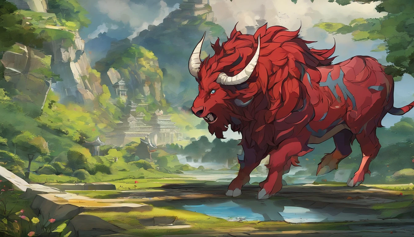 (The same characters,frontage,Lateral face,on back),tauren,frontage,irate,vred,Red horns,Cow's hooves,musculature,Big dynamics,Black skin,2D,4K,k hd,undamaged,Fantasyart、art stations,comic strip,(best quality,illustration,depth of field,Very detailed),Overlooking