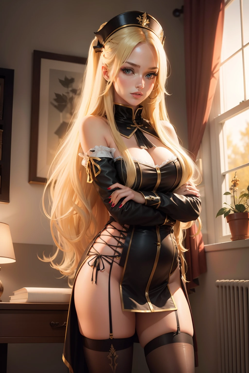 Hot blond girl with long hair and thigh high stockings
